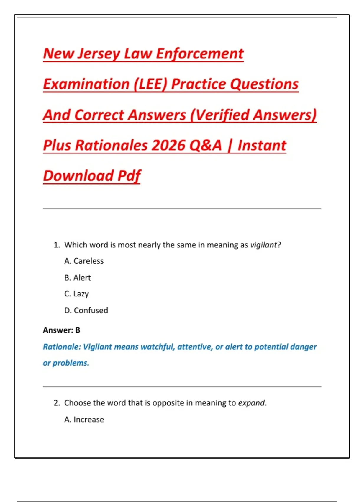 New Jersey Law Enforcement Examination (LEE) Practice Questions And Correct Answers (Verified ...