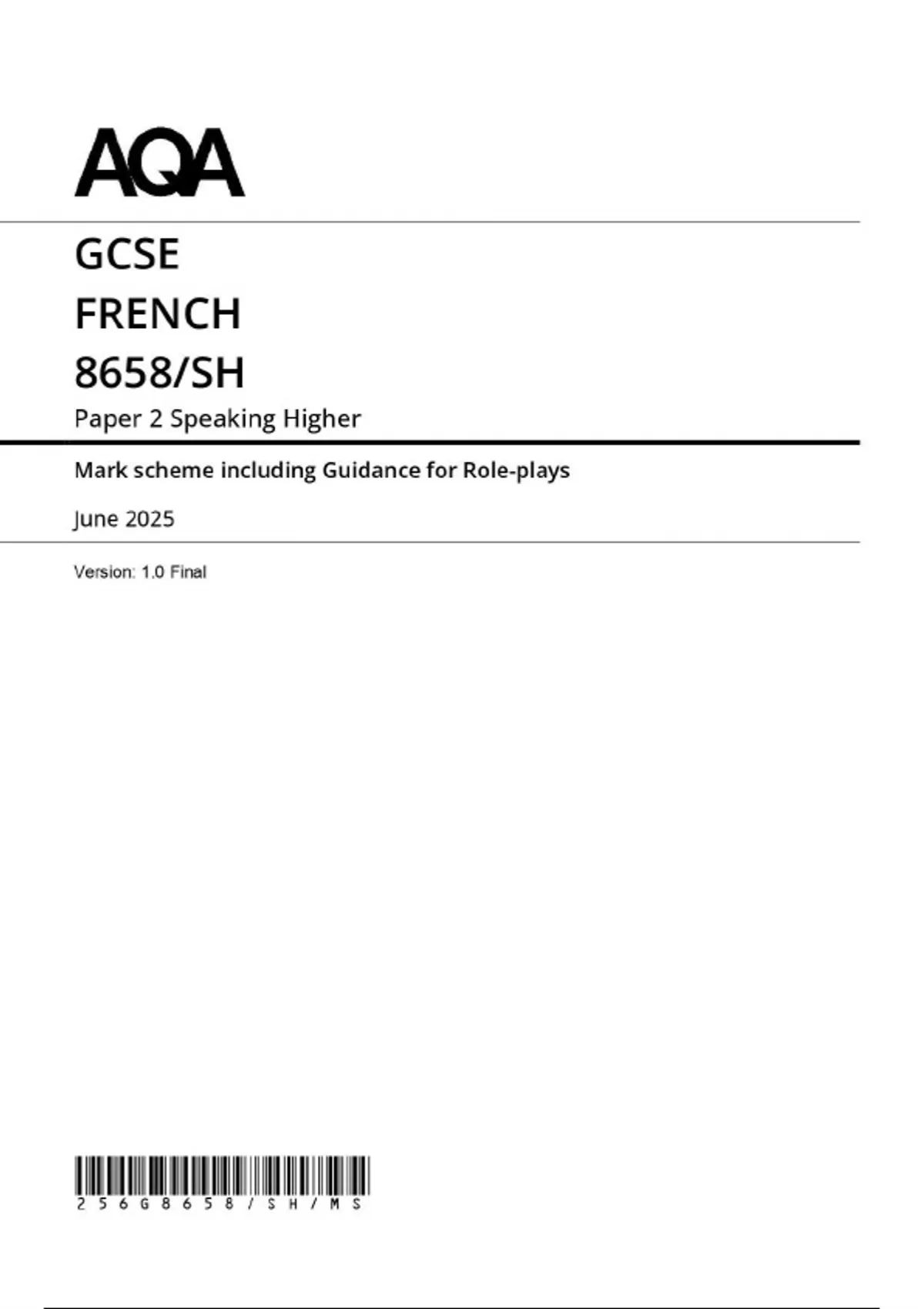 GCSE AQA 2025 FRENCH HIGHER TIER 8658/SH PAPER 2 SPEAKING MARK SCHEME ...