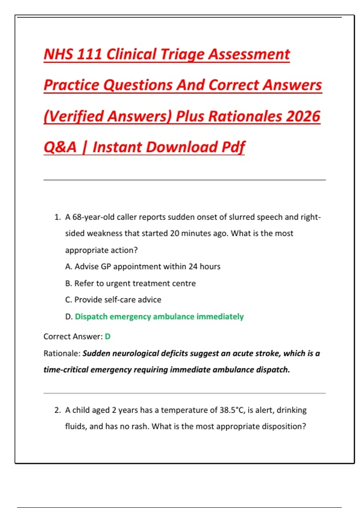 NHS 111 Clinical Triage Assessment Practice Questions And Correct ...