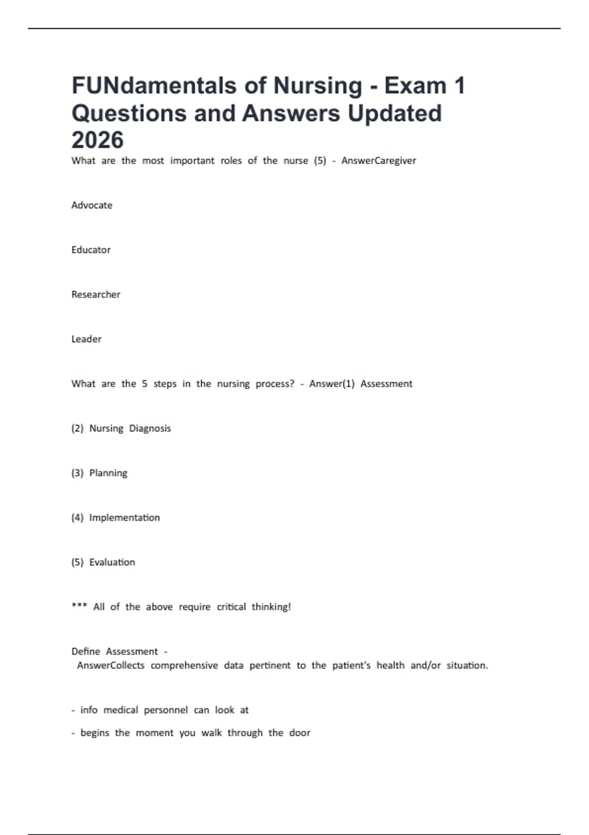 FUNdamentals of Nursing - Exam 1 Questions and Answers Updated 2026 ...
