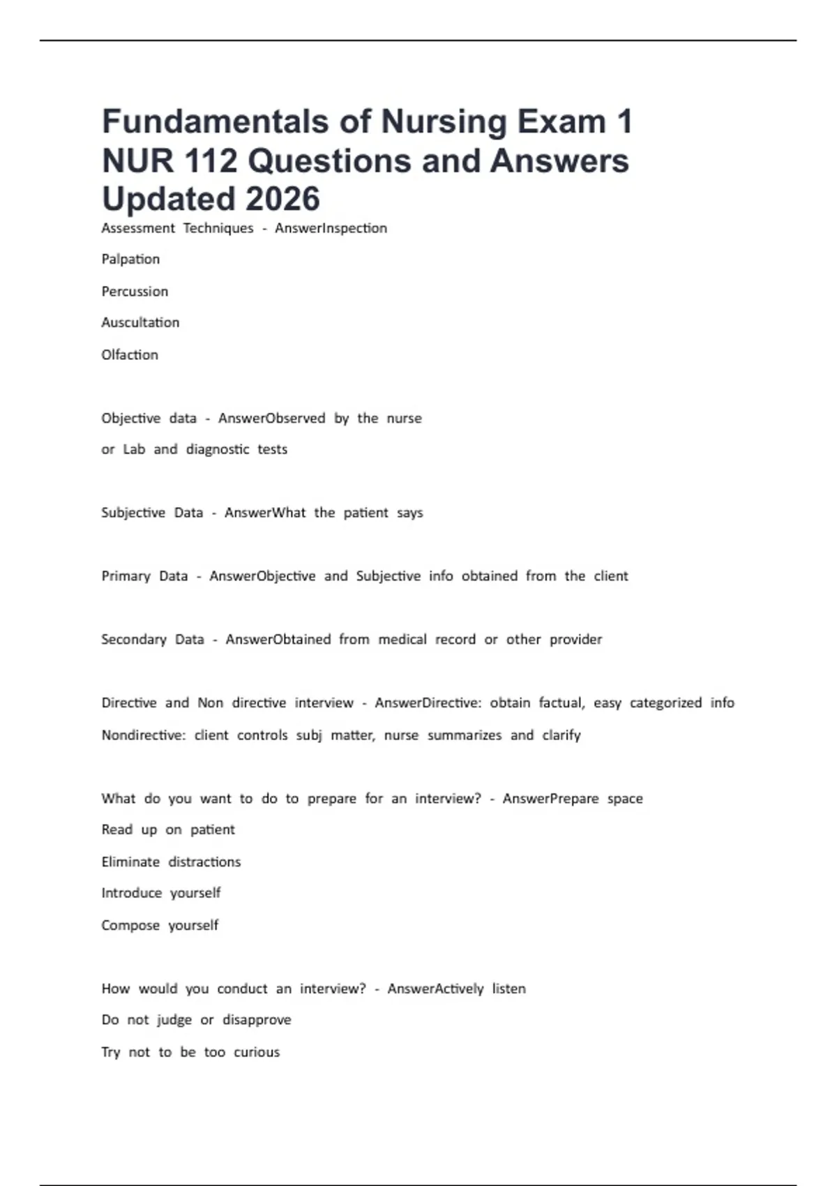 Fundamentals of Nursing Exam 1 NUR 112 Questions and Answers Updated ...