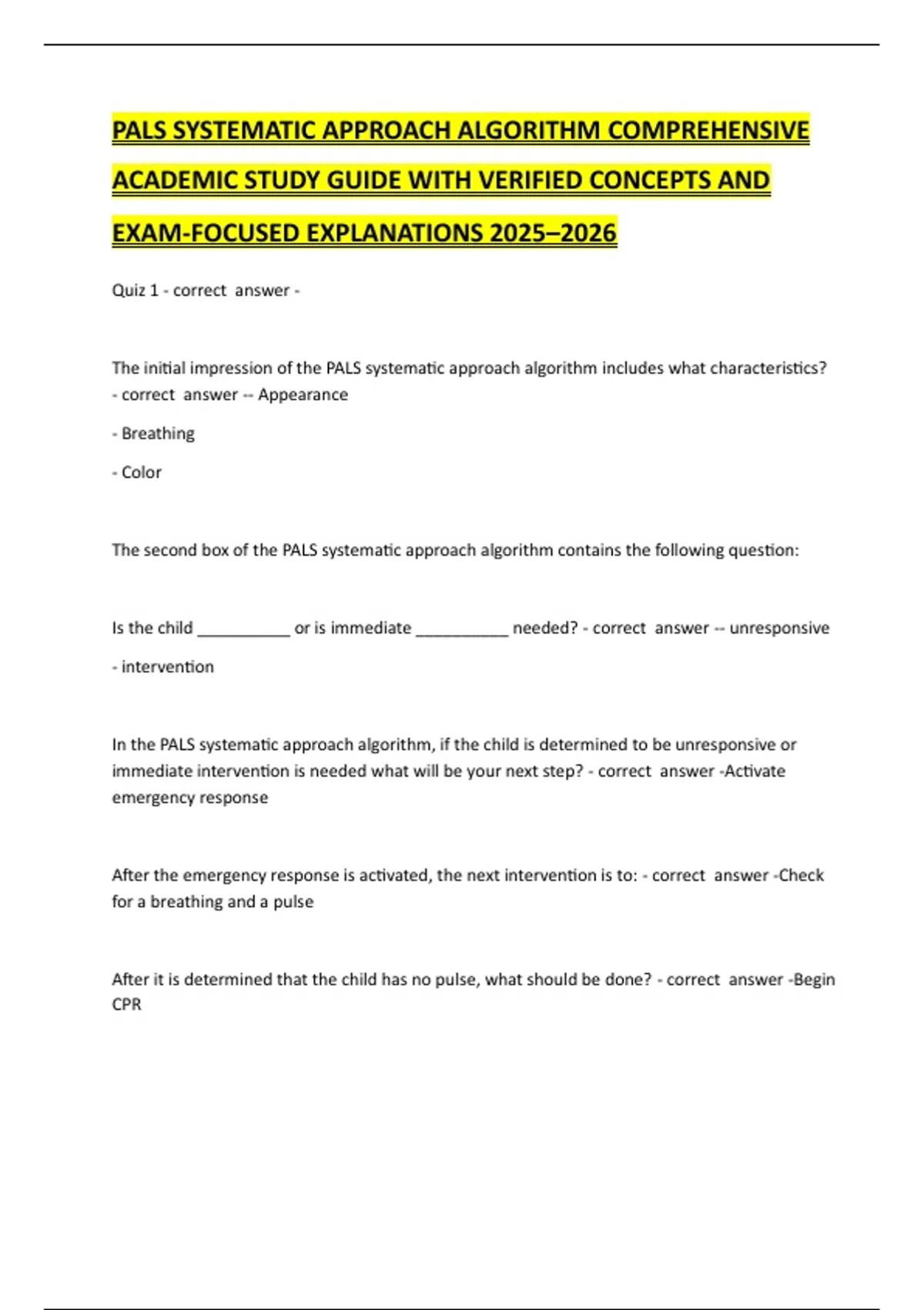 PALS Systematic Approach Algorithm Comprehensive Academic Study Guide ...