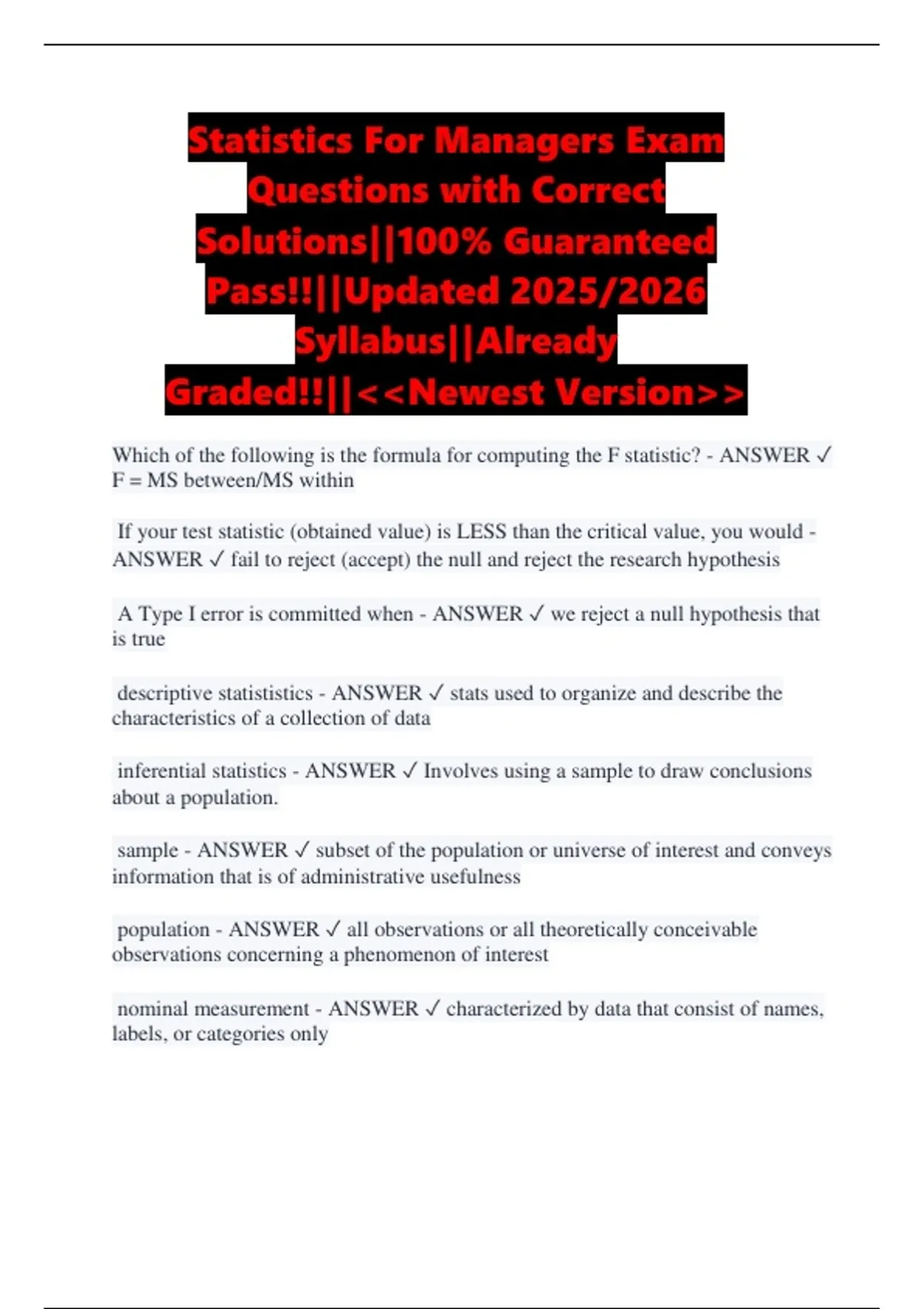 Statistics For Managers Exam Questions with Correct Solutions||100% ...