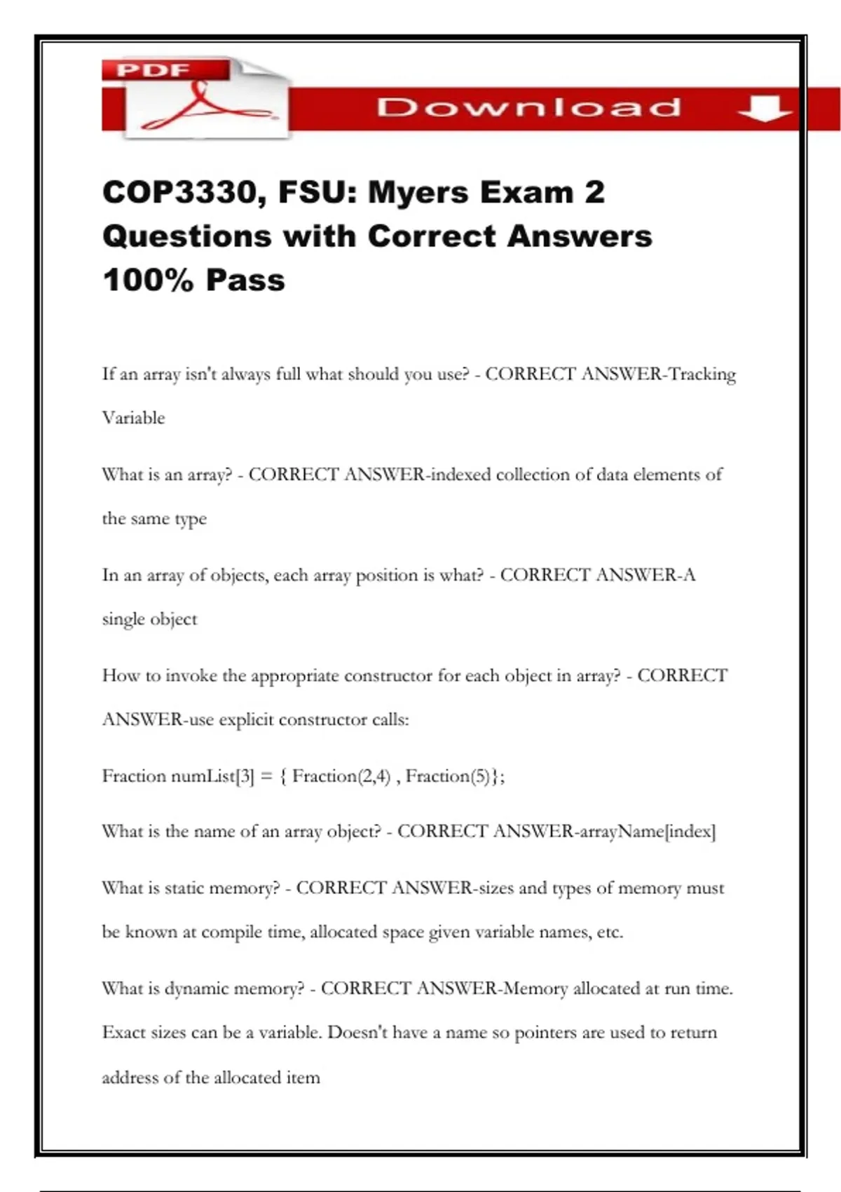 COP3330, FSU: Myers Exam 2 Questions with Correct Answers 100% Pass ...