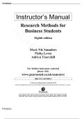 Complete Instructor Manual &ndash; Research Methods for Business Students &lpar;Eighth Edition&rpar; Saunders &bull; Lewis &bull; Thornhill &vert; Instructor Materials&comma; Case Guidance & Assessment Support &vert; Graded A&plus;