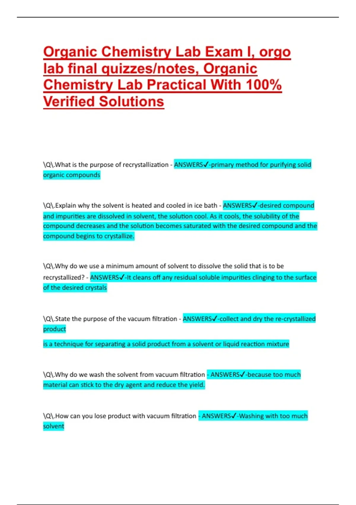 Organic Chemistry Lab Exam I, orgo lab final quizzes/notes, Organic ...