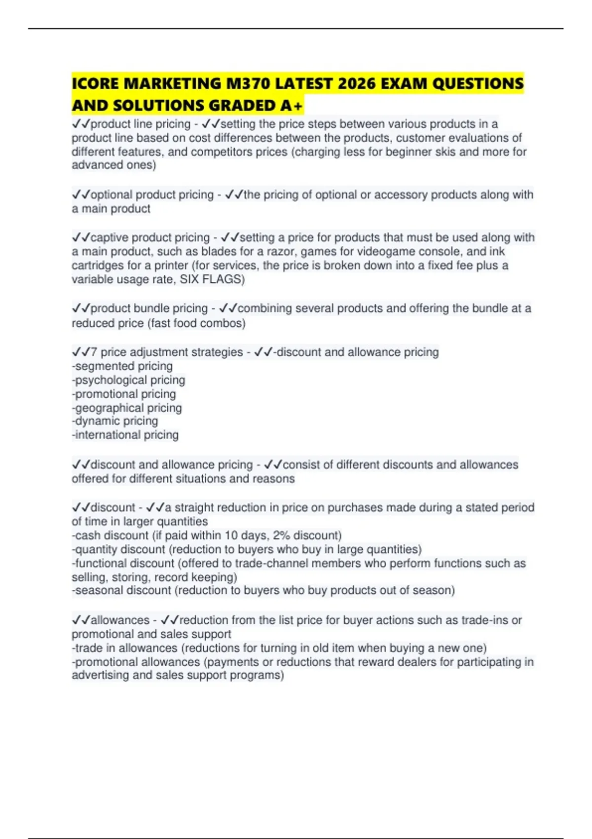 ICORE MARKETING M370 LATEST 2026 EXAM QUESTIONS AND SOLUTIONS GRADED A+ ...
