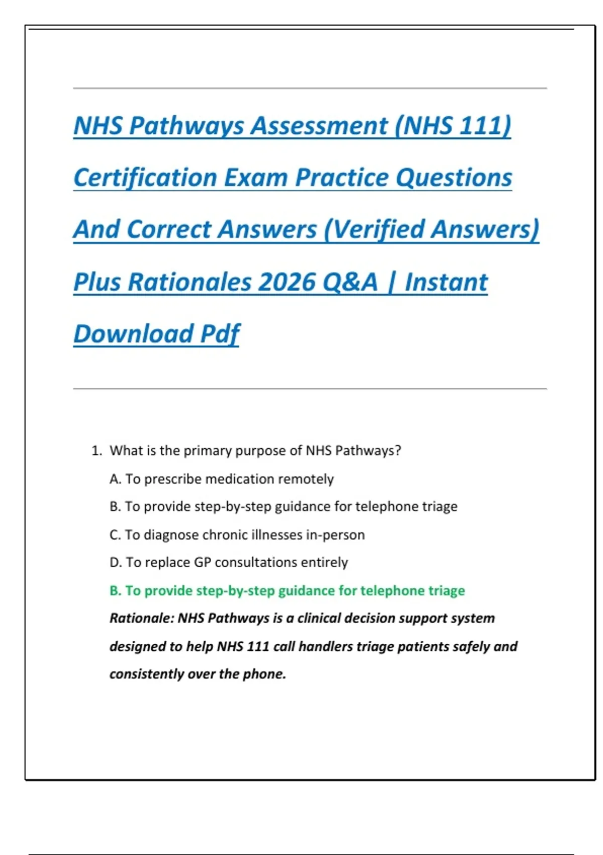 NHS Pathways Assessment (NHS 111) Certification Exam Practice Questions ...