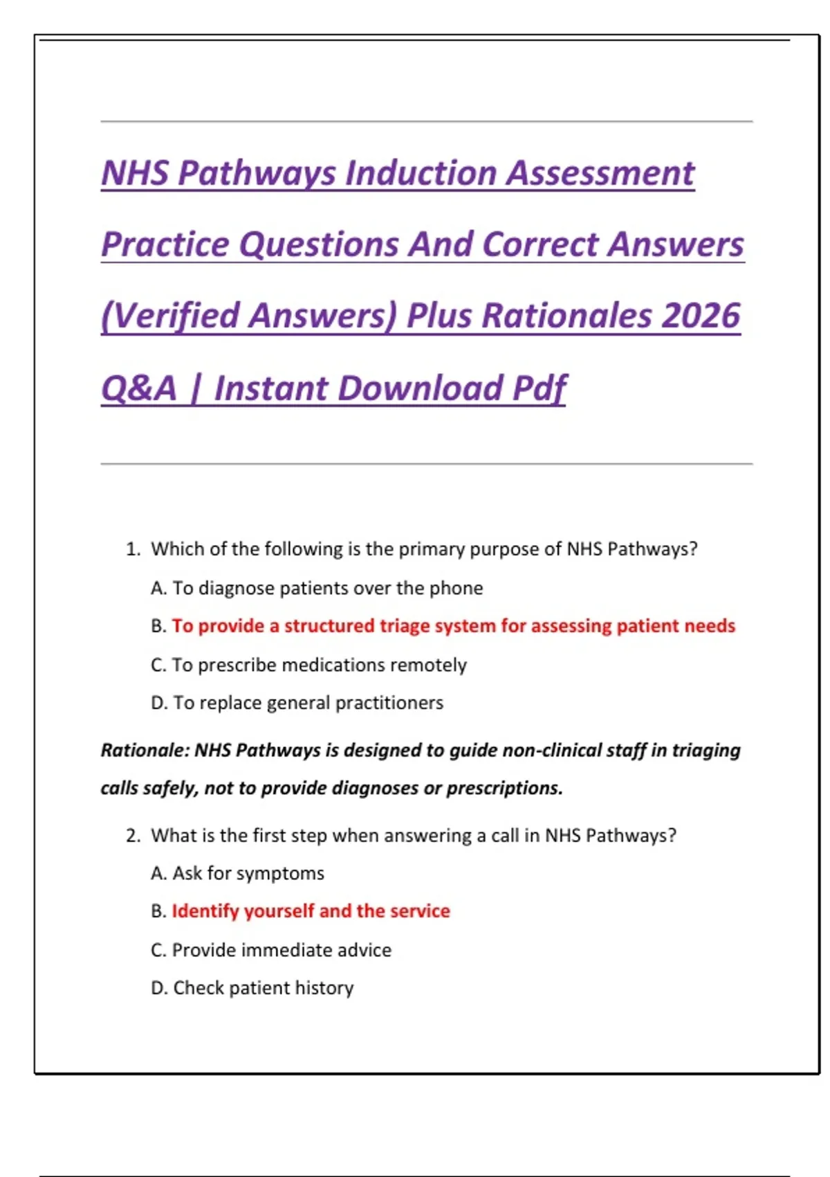 Pathways 2 Answers.pdf NHS Pathways Induction Assessment Practice Questions And Correct ...