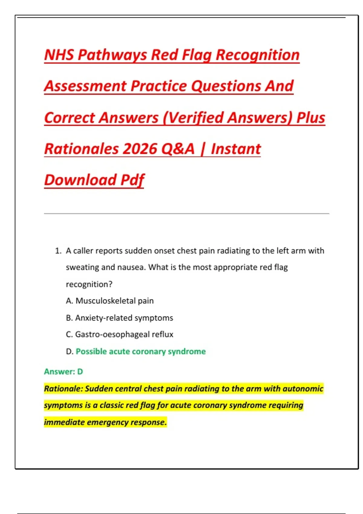 NHS Pathways Red Flag Recognition Assessment Practice Questions And ...