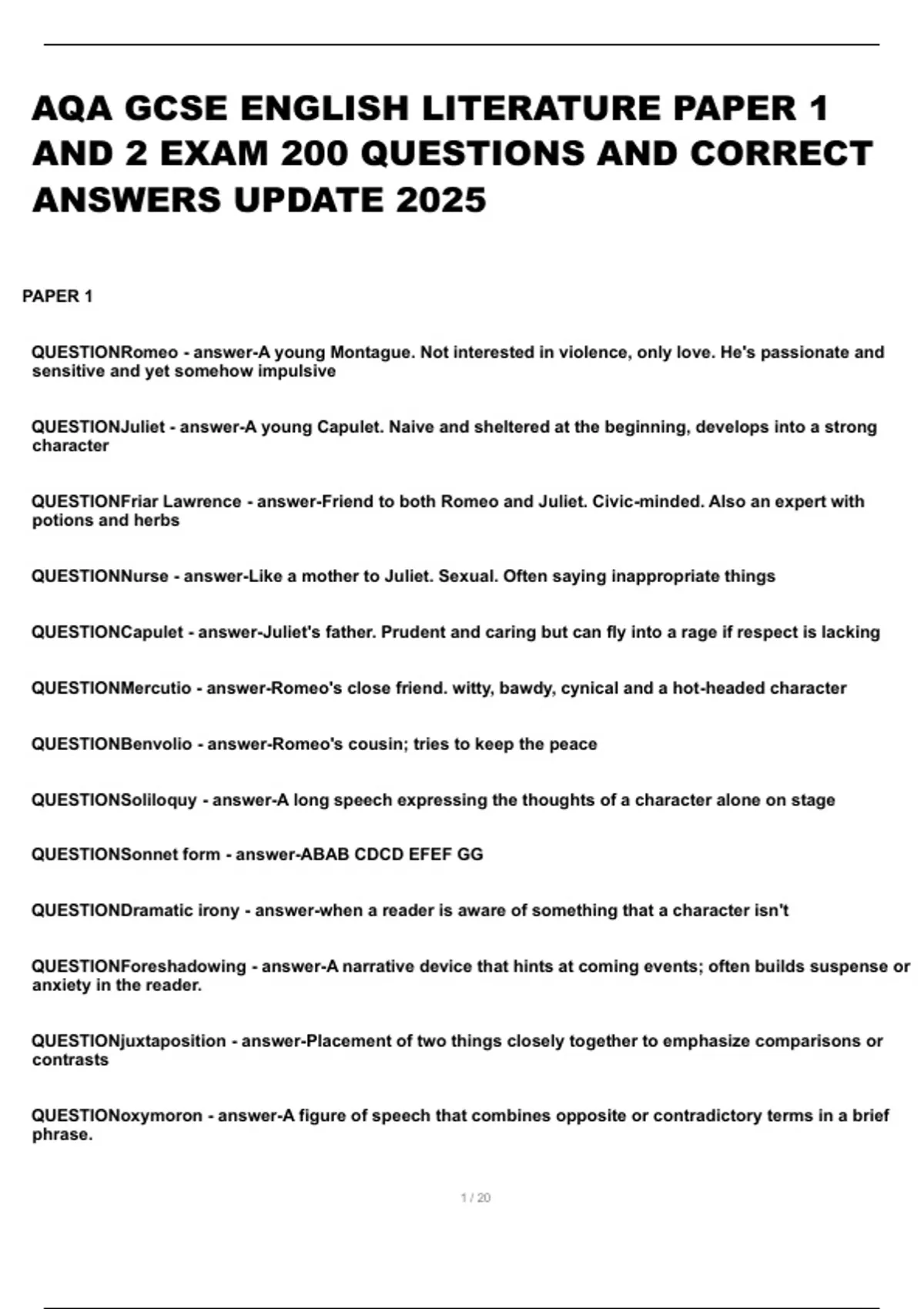 AQA GCSE ENGLISH LITERATURE PAPER 1 AND 2 EXAM 200 QUESTIONS AND ...