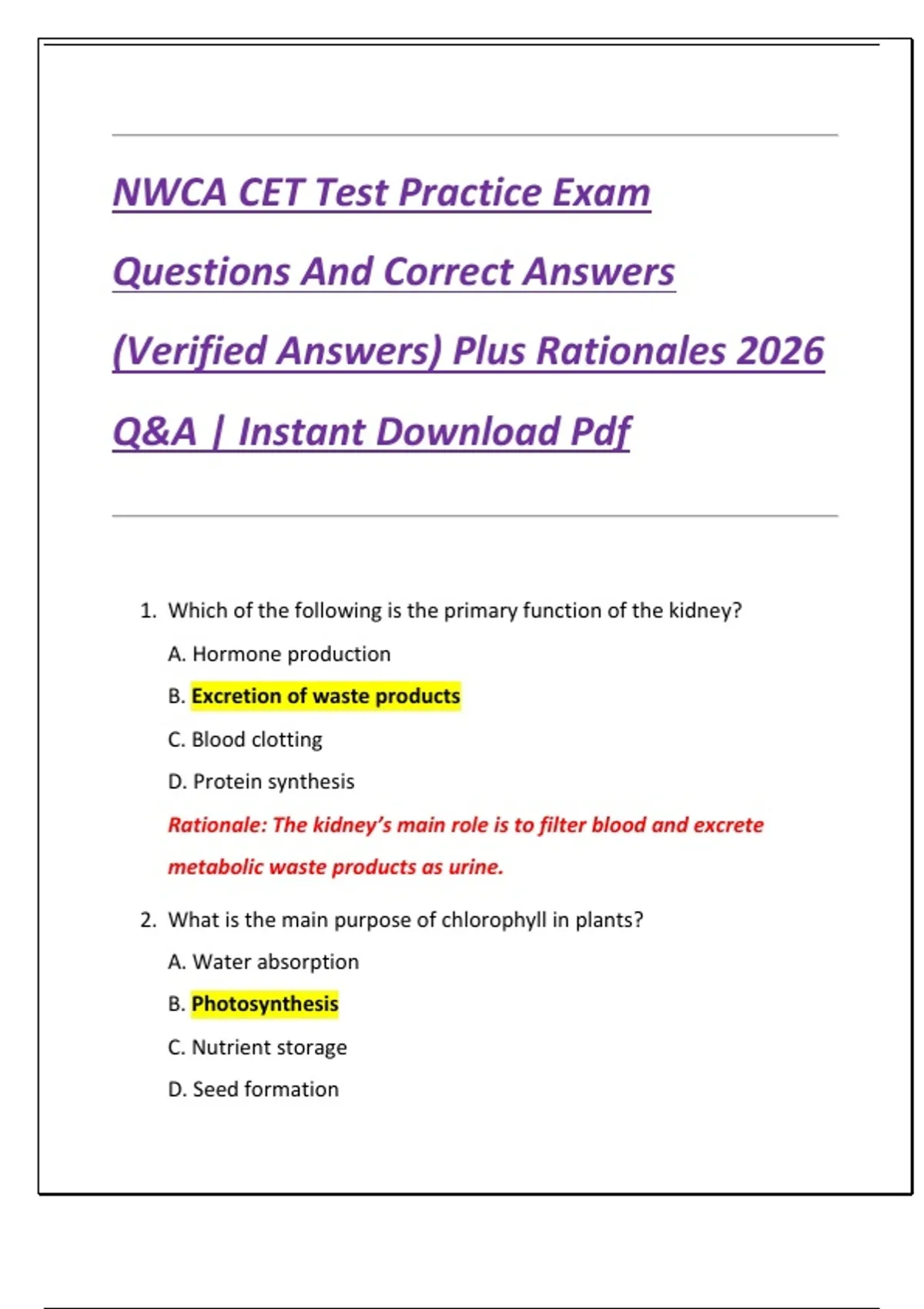 NWCA CET Test Practice Exam Questions And Correct Answers (Verified ...