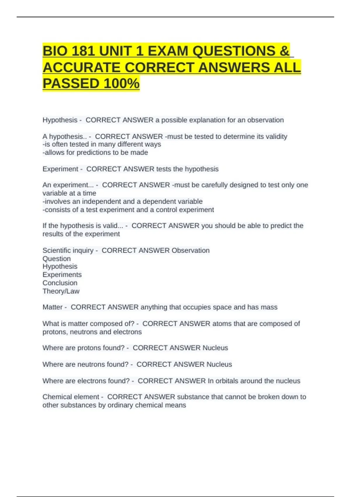 BIO 181 UNIT 1 EXAM QUESTIONS & ACCURATE CORRECT ANSWERS ALL PASSED 100 ...