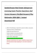Saskatchewan Real Estate Salesperson  Licensing Exam Practice Questions And  Correct Answers &lpar;Verified Answers&rpar; Plus  Rationales 2026 Q&A &vert; Instant  Download Pdf 