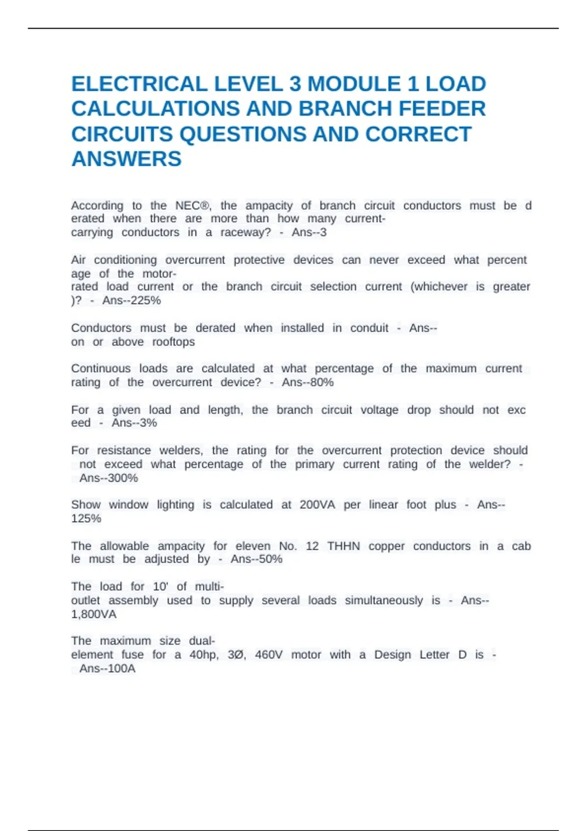 ELECTRICAL LEVEL 3 MODULE 1 LOAD CALCULATIONS AND BRANCH FEEDER ...