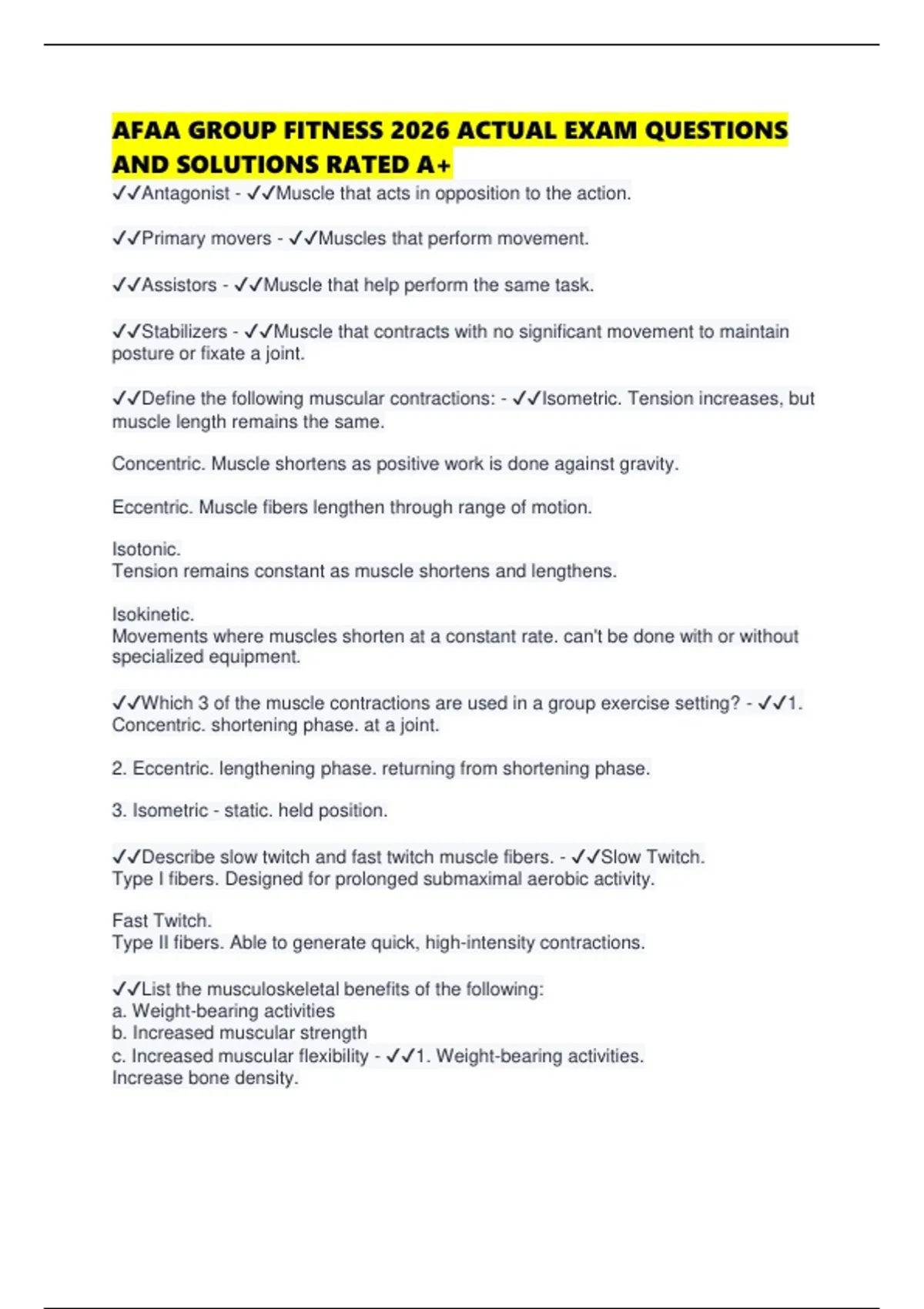 AFAA GROUP FITNESS 2026 ACTUAL EXAM QUESTIONS AND SOLUTIONS RATED A+ ...