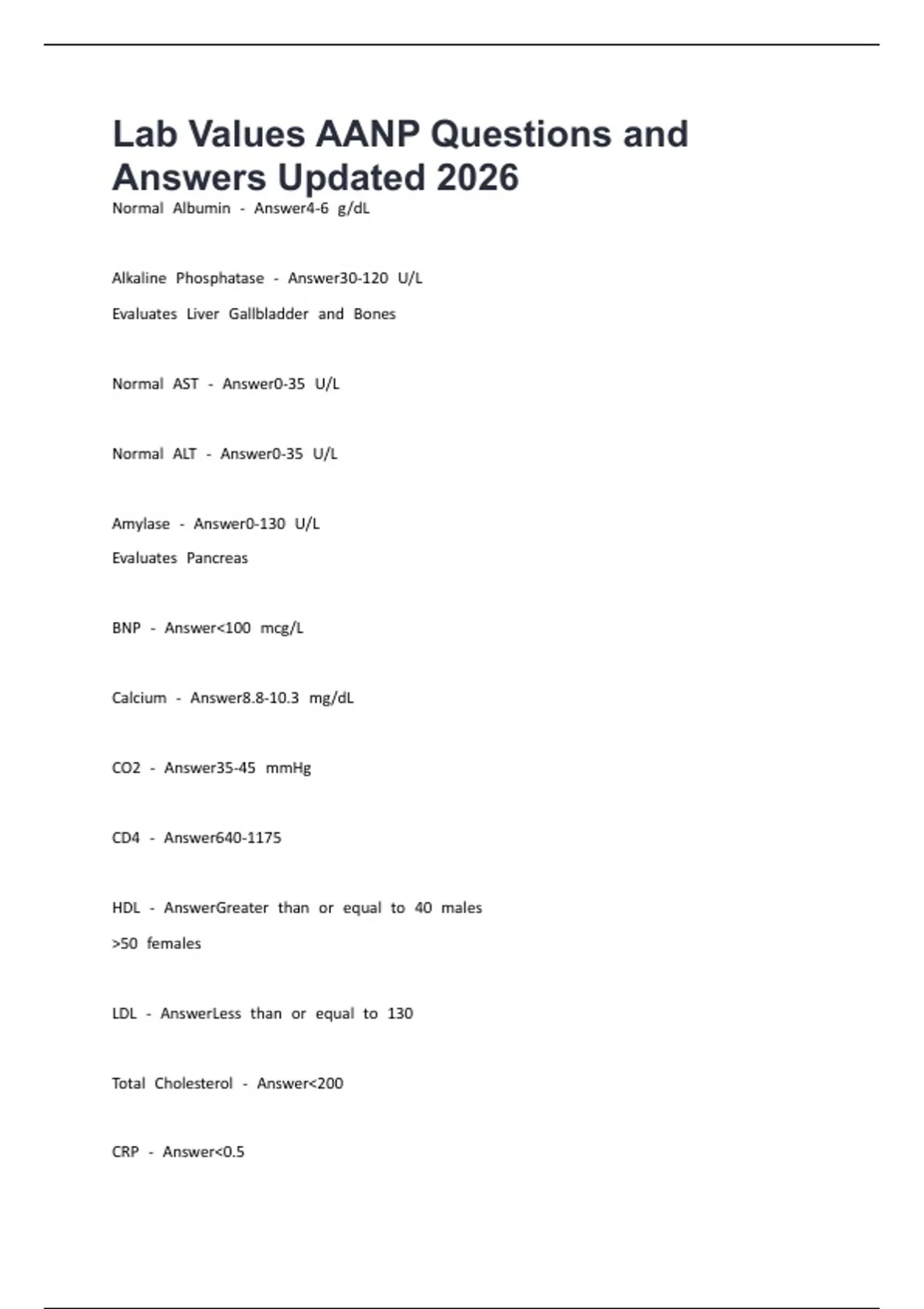 Lab Values AANP Questions and Answers Updated 2026 - AANP - Stuvia US