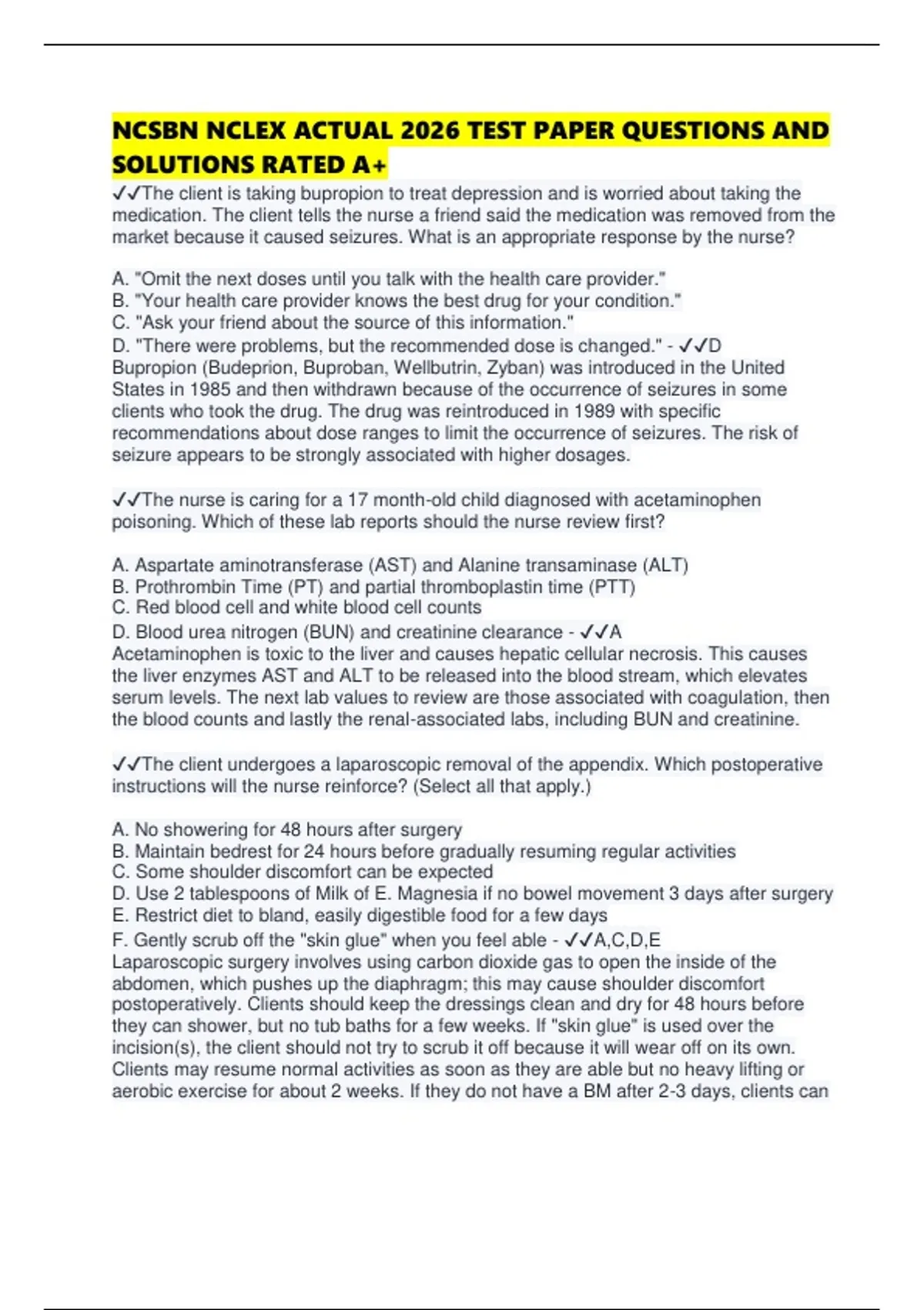 NCSBN NCLEX ACTUAL 2026 TEST PAPER QUESTIONS AND SOLUTIONS RATED A+ ...