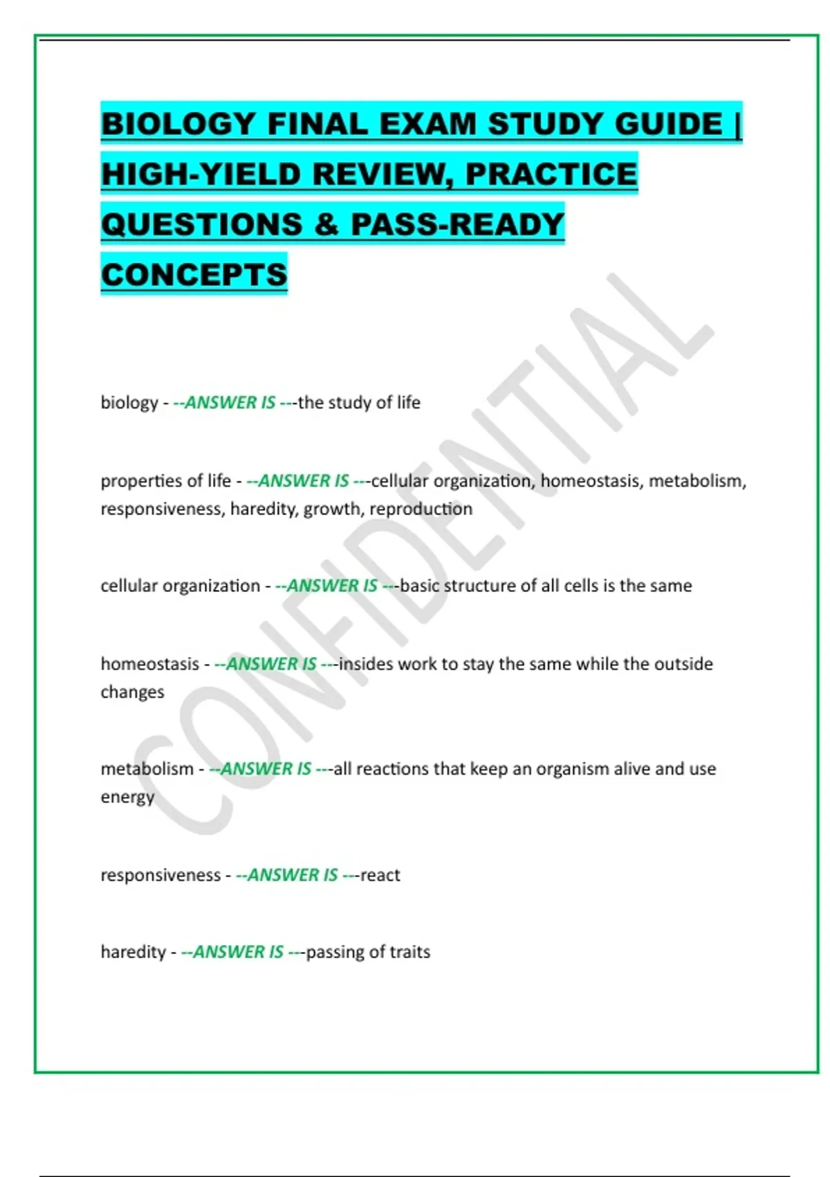 BIOLOGY FINAL EXAM STUDY GUIDE | HIGH-YIELD REVIEW, PRACTICE QUESTIONS ...