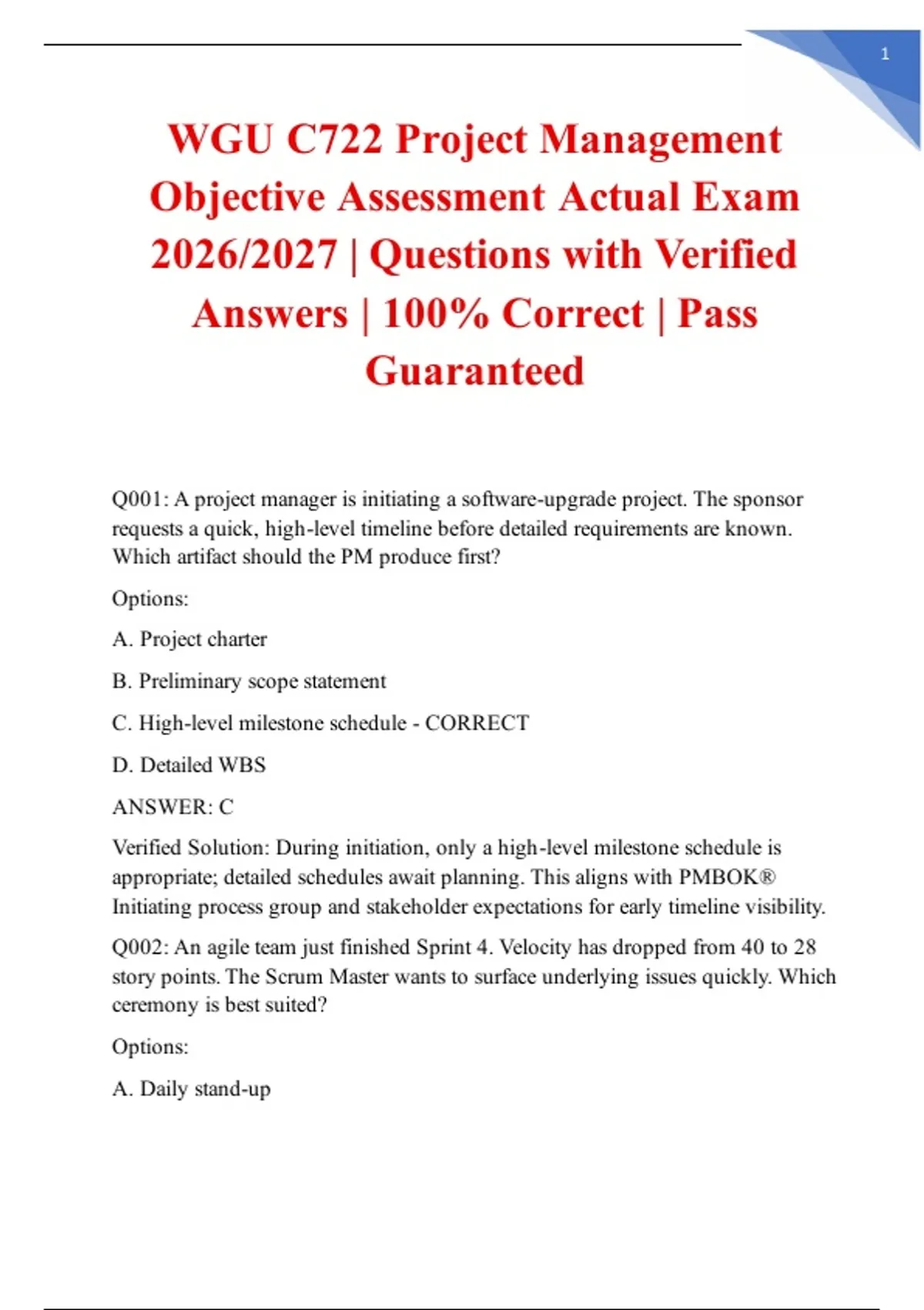WGU C722 Project Management Objective Assessment Actual Exam 2026/2027 ...