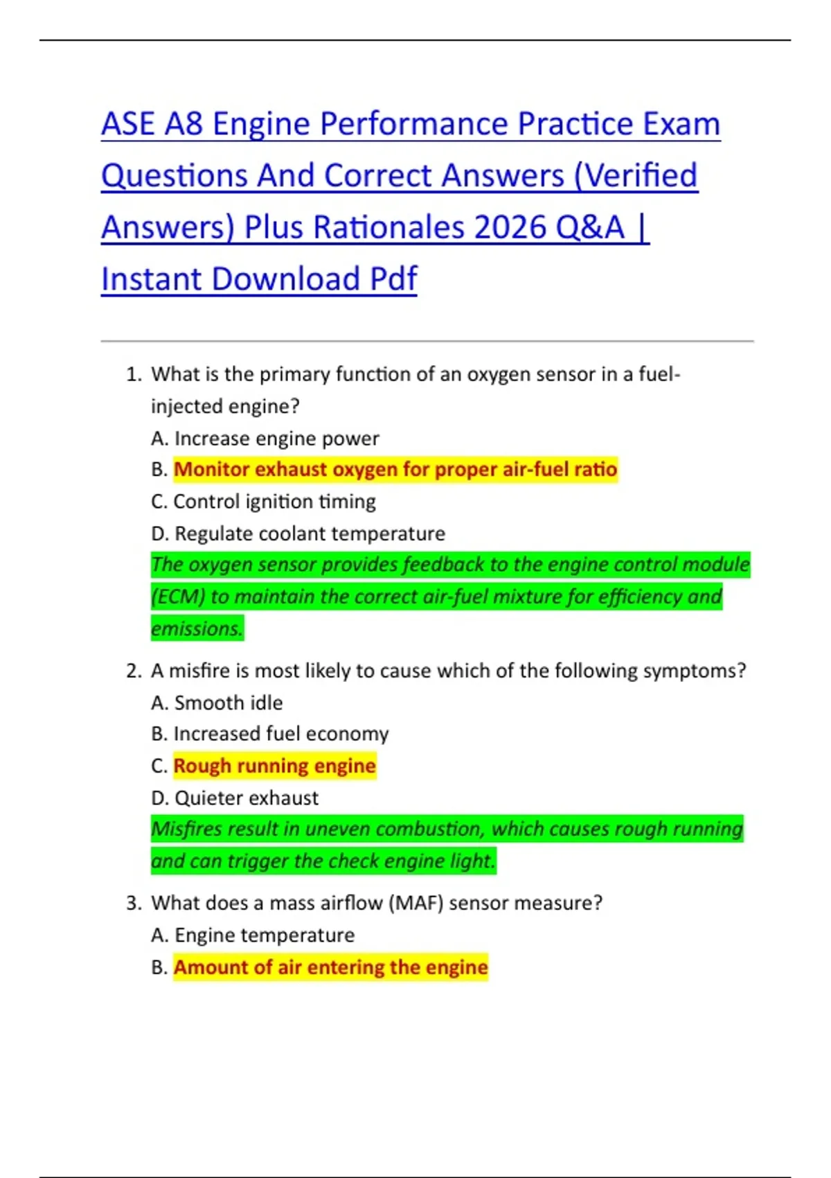 ASE A8 Engine Performance Practice Exam Questions And Correct Answers ...