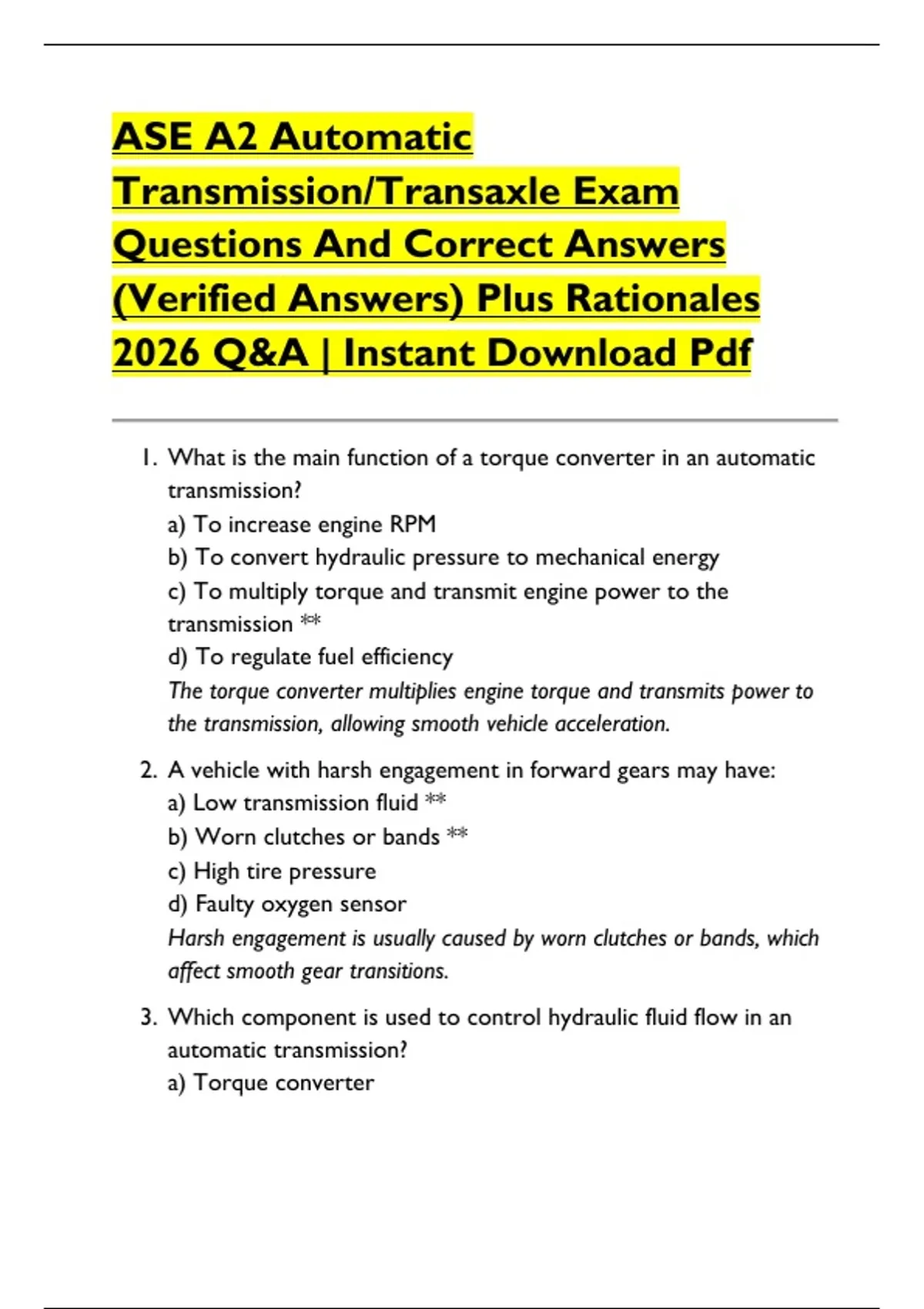 ASE A2 Automatic Transmission/Transaxle Exam Questions And Correct ...