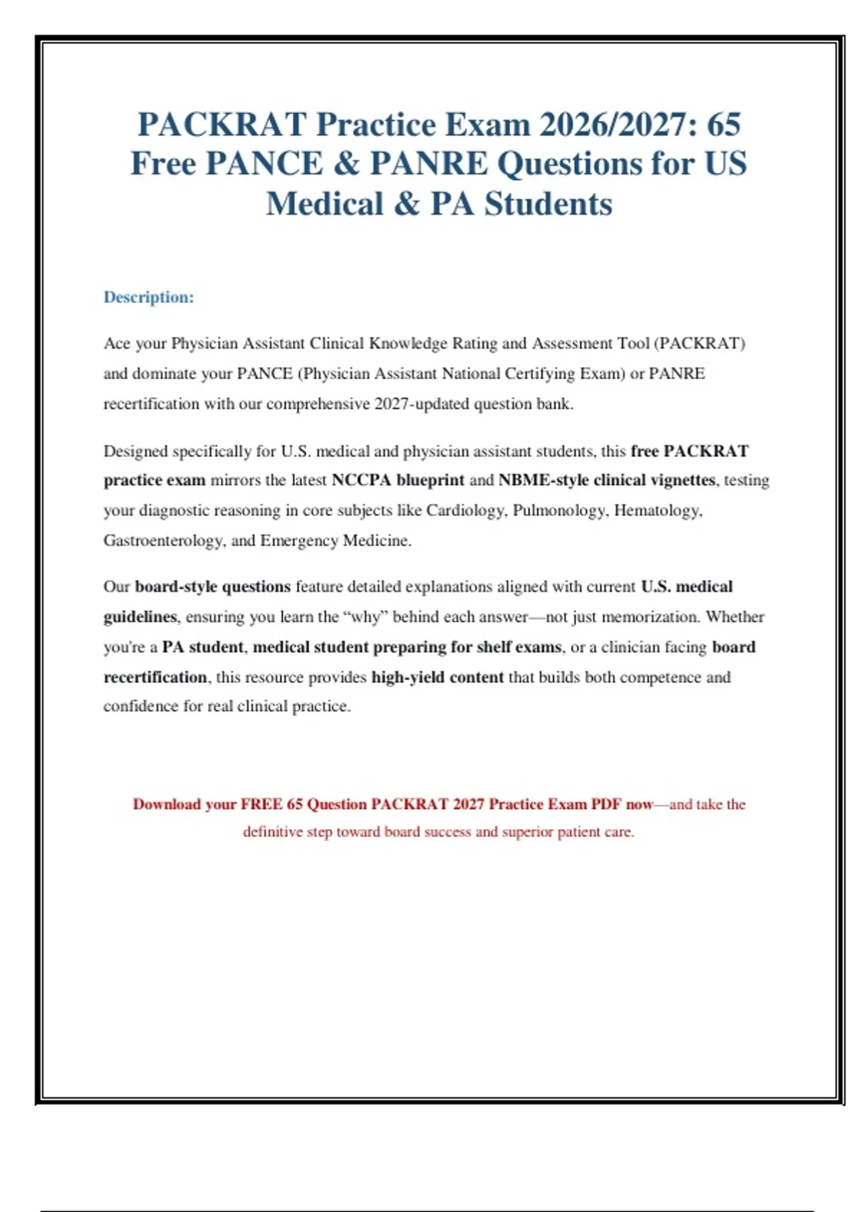 PACKRAT Practice Exam 2027: 65 PANCE/PANRE Board Questions with Answers ...