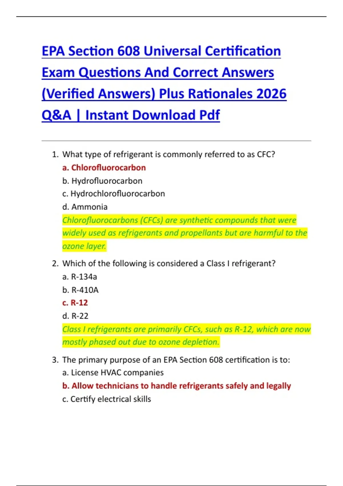 EPA Section 608 Universal Certification Exam Questions And Correct ...
