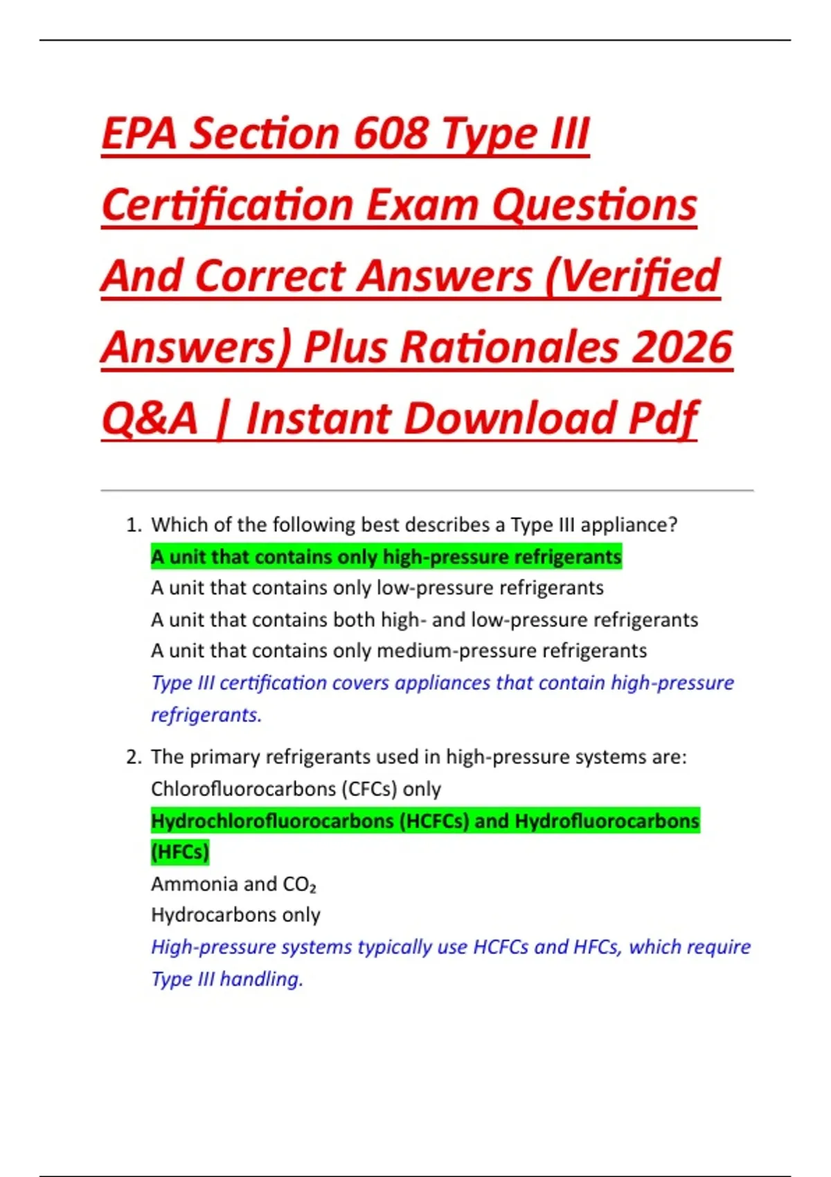 EPA Section 608 Type III Certification Exam Questions And Correct ...