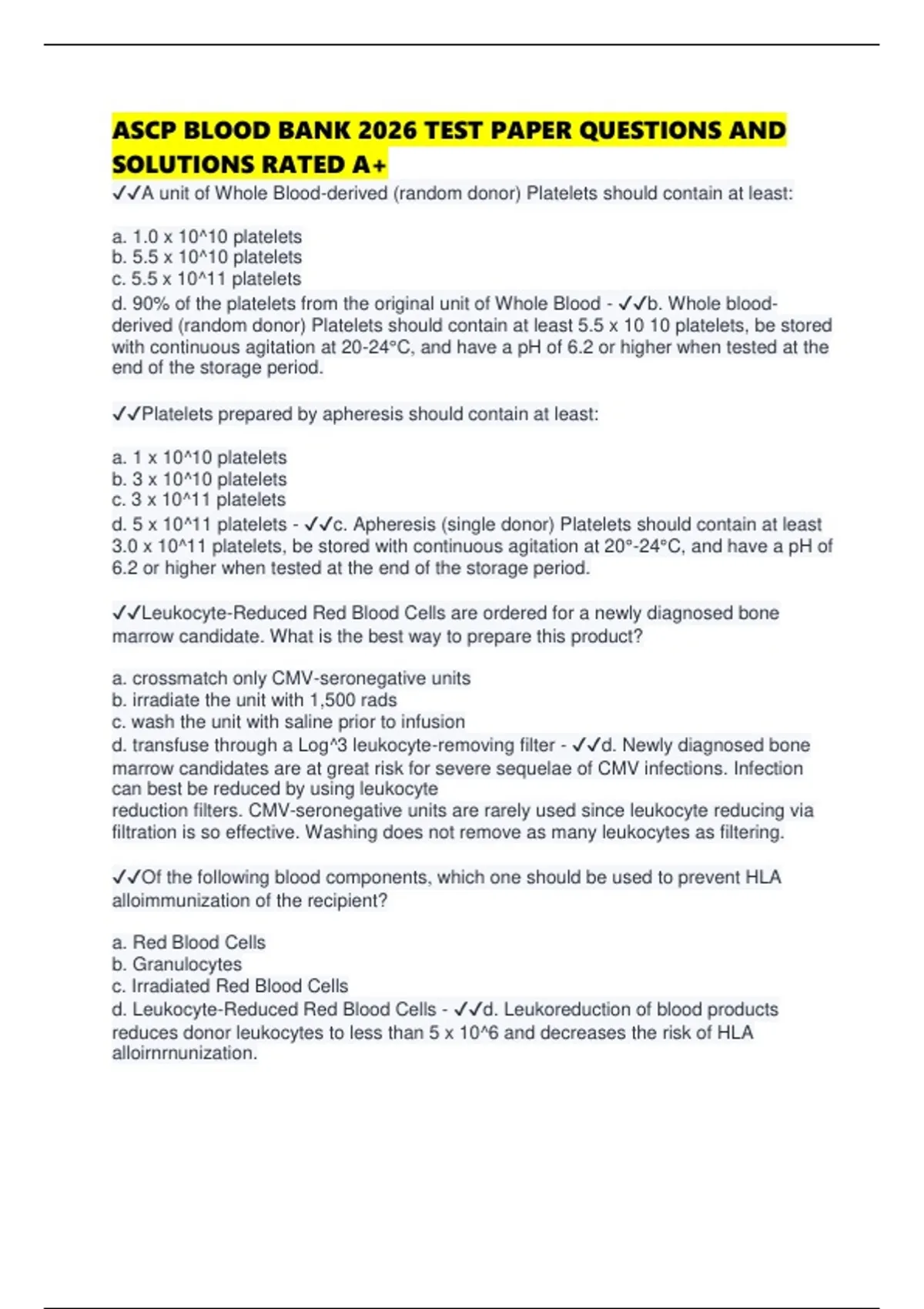 ASCP BLOOD BANK 2026 TEST PAPER QUESTIONS AND SOLUTIONS RATED A+ - ASCP ...