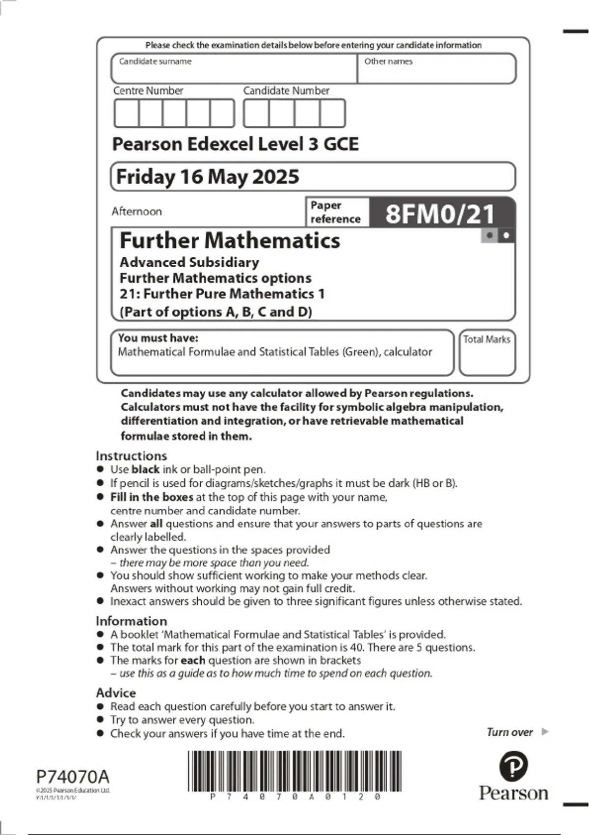 2025 Pearson Edexcel Level 3 GCE Further Mathematics Advanced ...