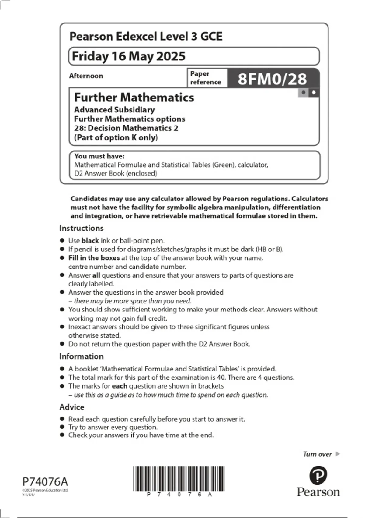 2025 Pearson Edexcel Level 3 GCE Further Mathematics Advanced ...