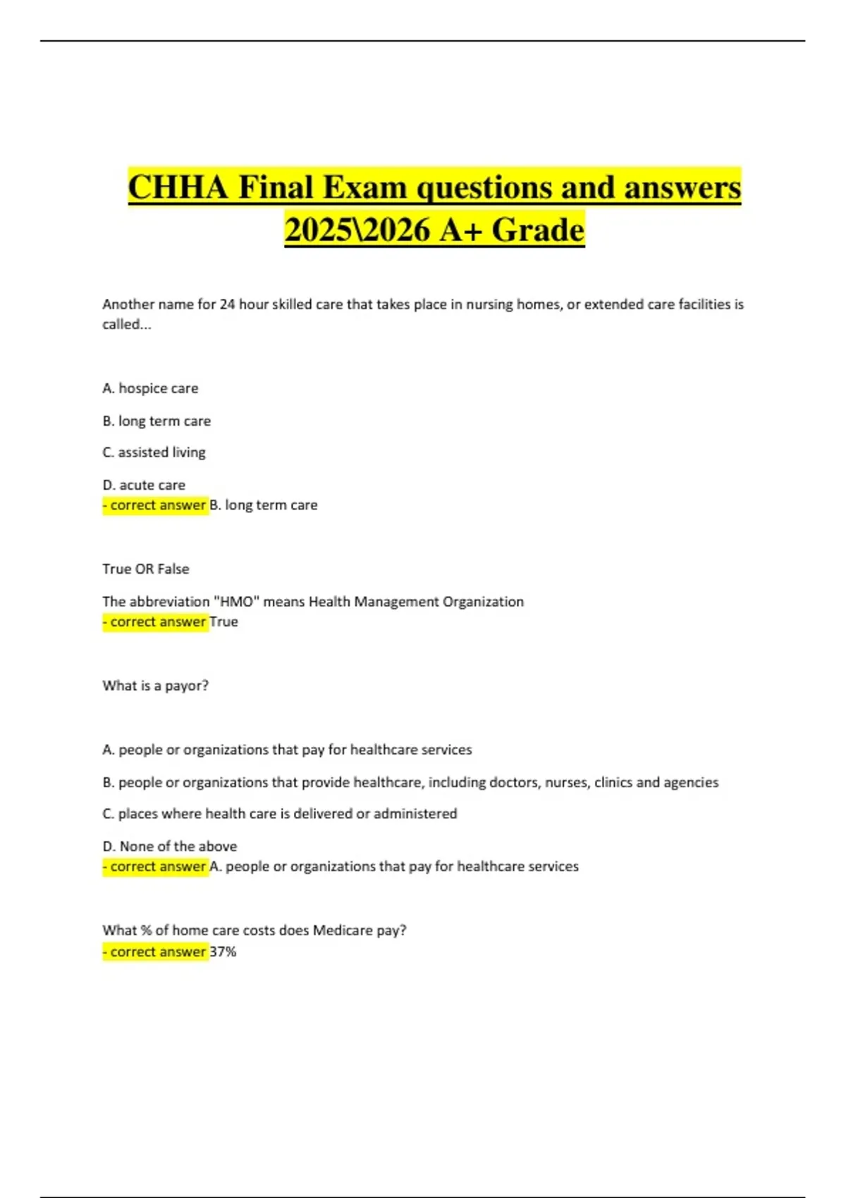 Chha Notes CHHA Final Exam – Verified Questions & Correct Detailed Answers | 2025/ ...