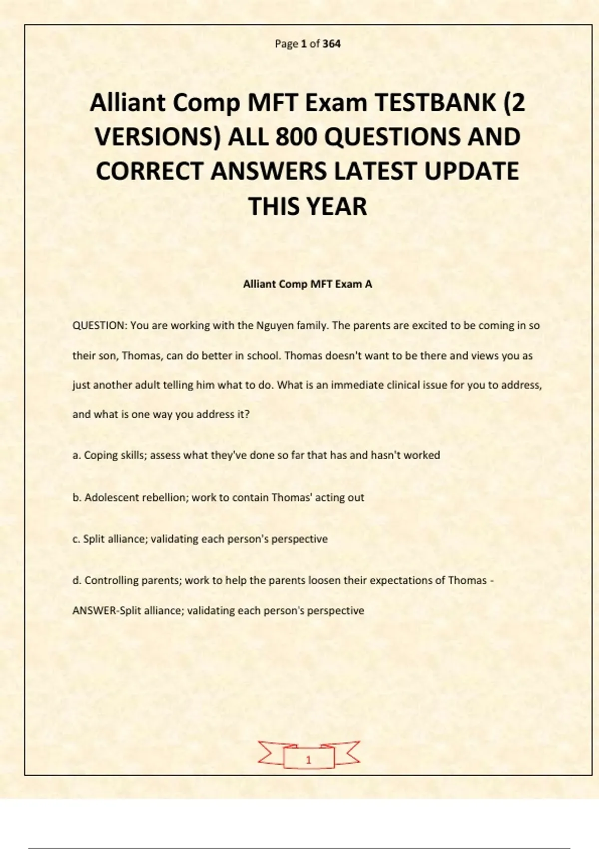 Mft Course Patch Alliant Comp MFT Exam TESTBANK (2 VERSIONS) ALL 800 QUESTIONS AND ...