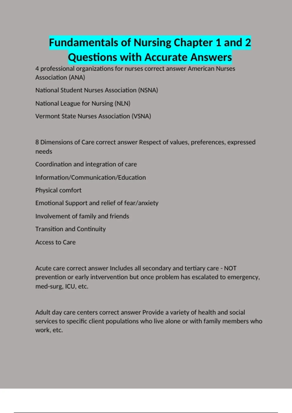 Fundamentals of Nursing Chapter 1 and 2 Questions with Accurate Answers ...