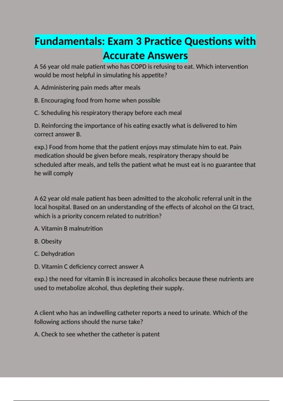 Fundamentals: Exam 3 Practice Questions with Accurate Answers - Nursing ...