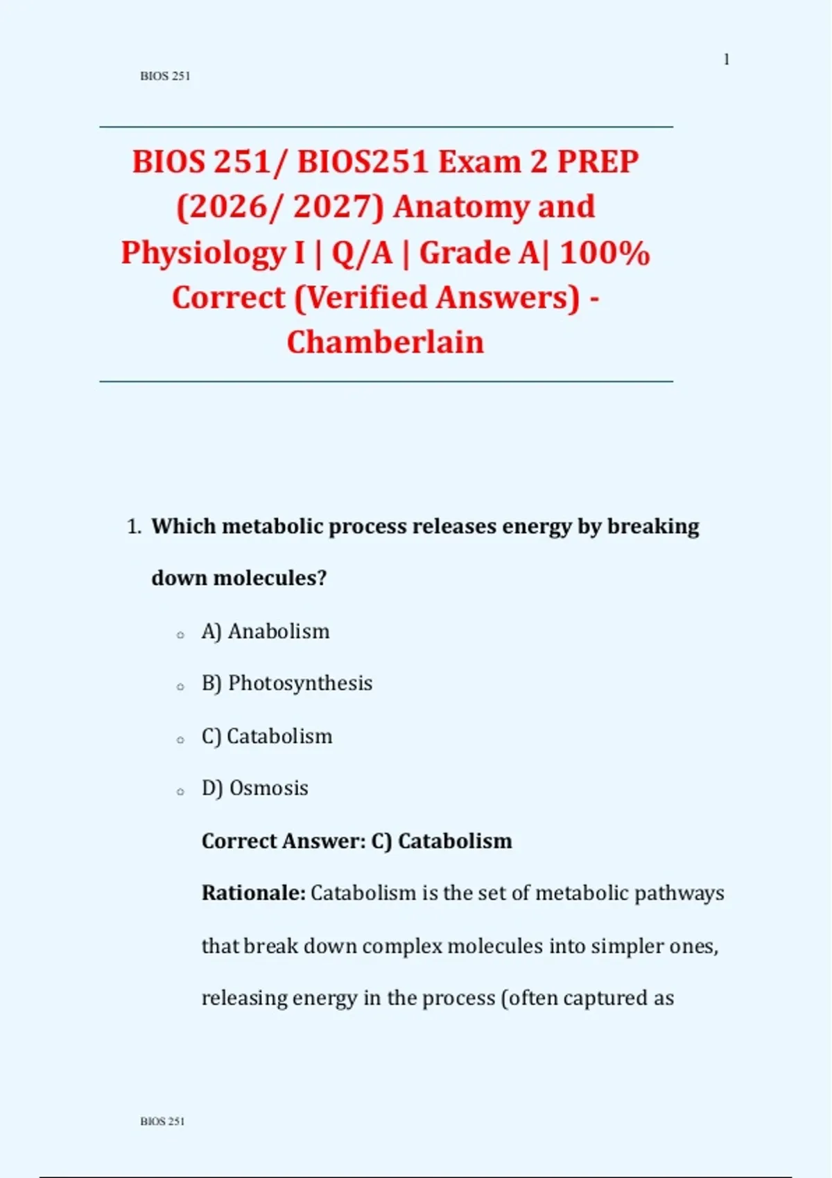 BIOS 251/ BIOS251 Exam 2 PREP (2026/ 2027) Anatomy and Physiology I | Q ...