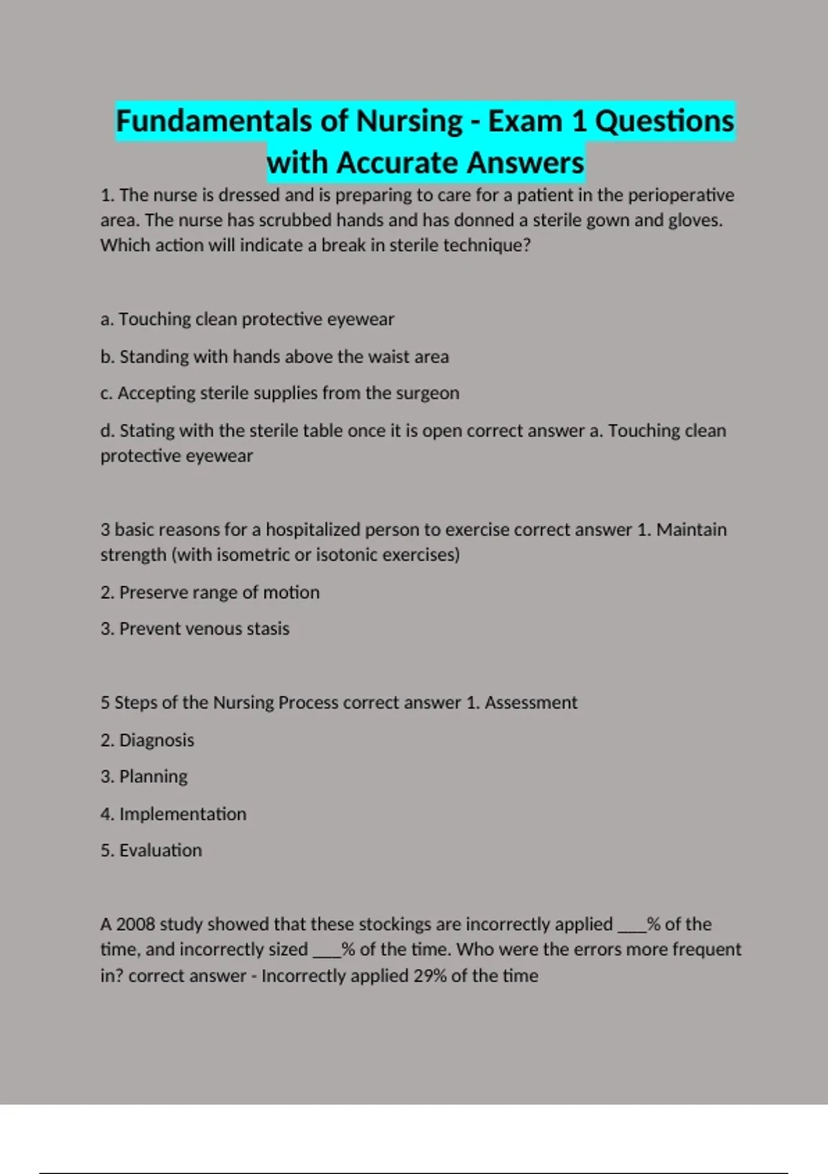 Fundamentals of Nursing - Exam 1 Questions with Accurate Answers ...