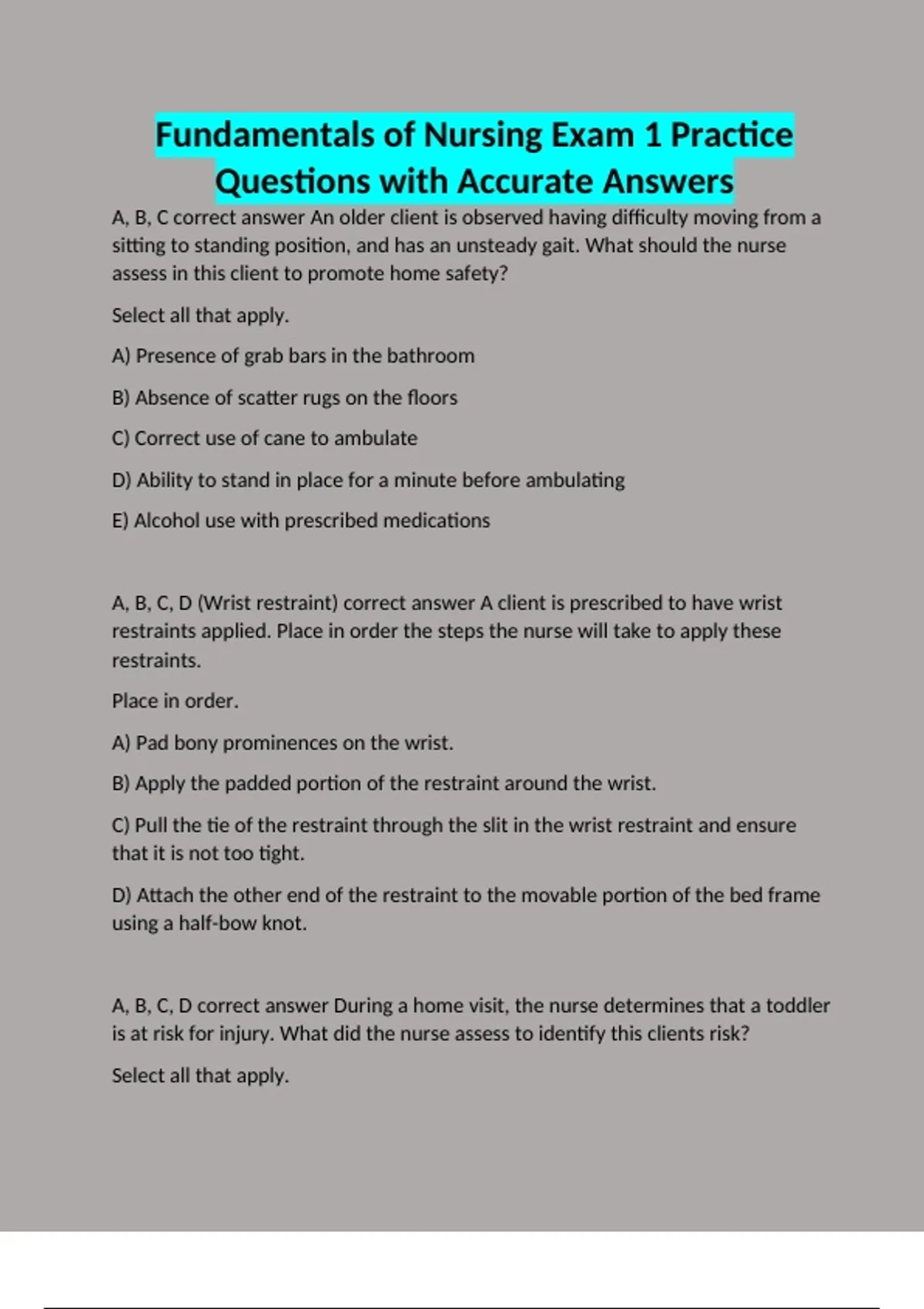 Fundamentals of Nursing Exam 1 Practice Questions with Accurate Answers ...