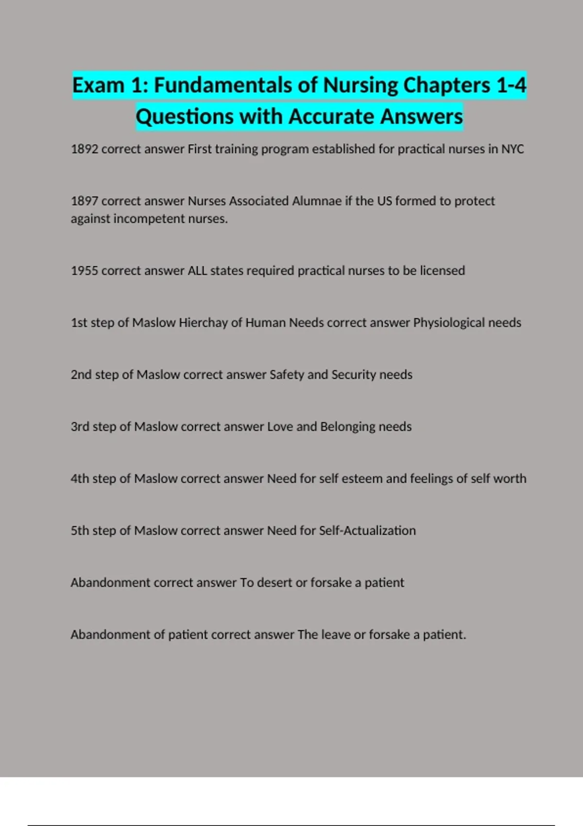 Exam 1: Fundamentals of Nursing Chapters 1-4 Questions with Accurate ...