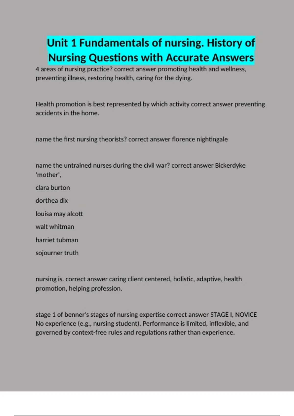 Unit 1 Fundamentals of nursing. History of Nursing Questions with ...