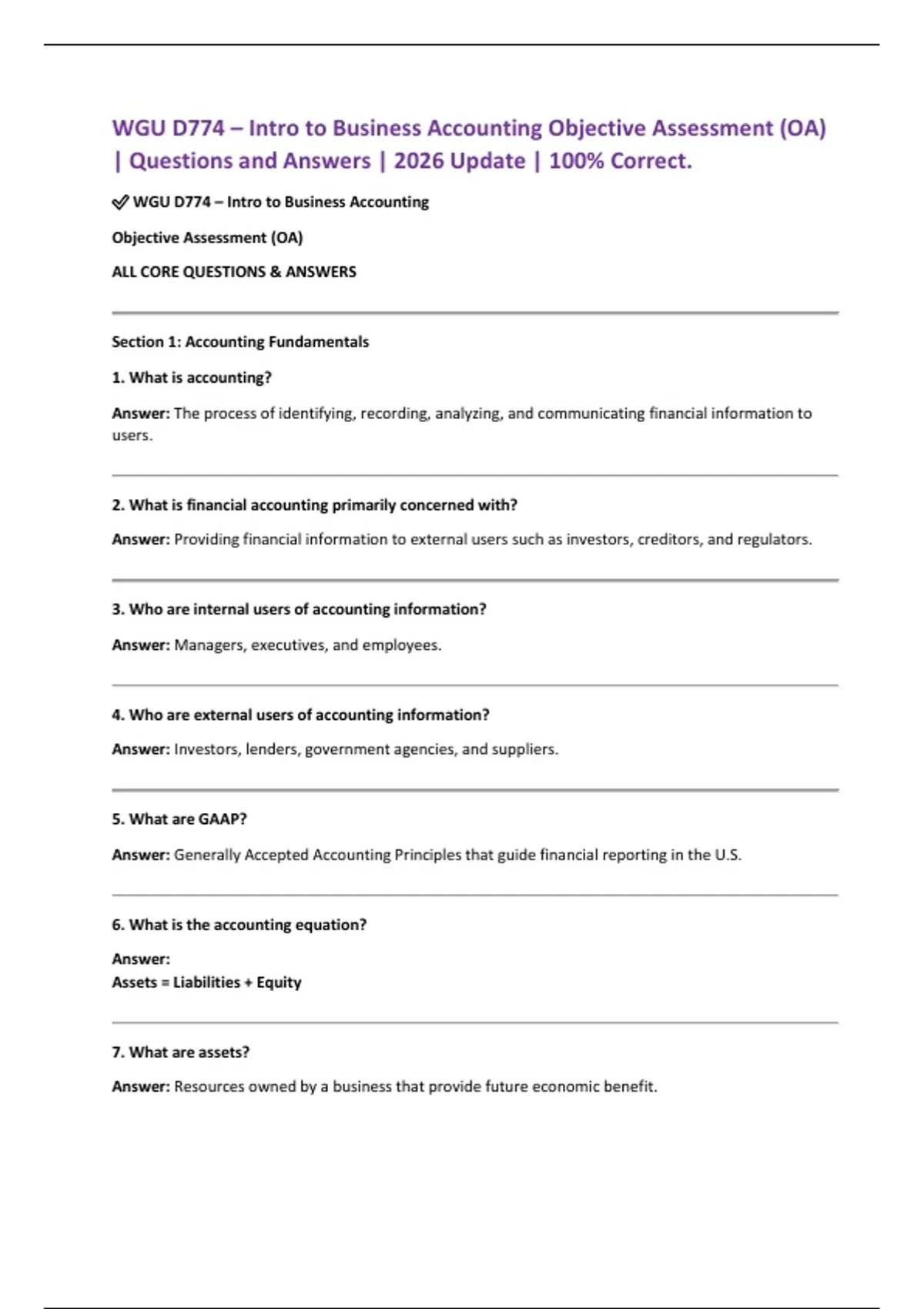 WGU D774 – Intro to Business Accounting Objective Assessment (OA ...