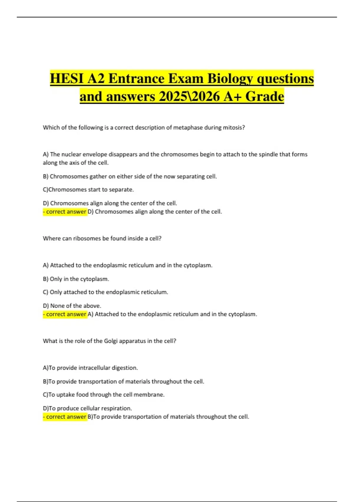 HESI A2 Entrance Exam Biology questions and answers A+ Grade - HESI A2 ...