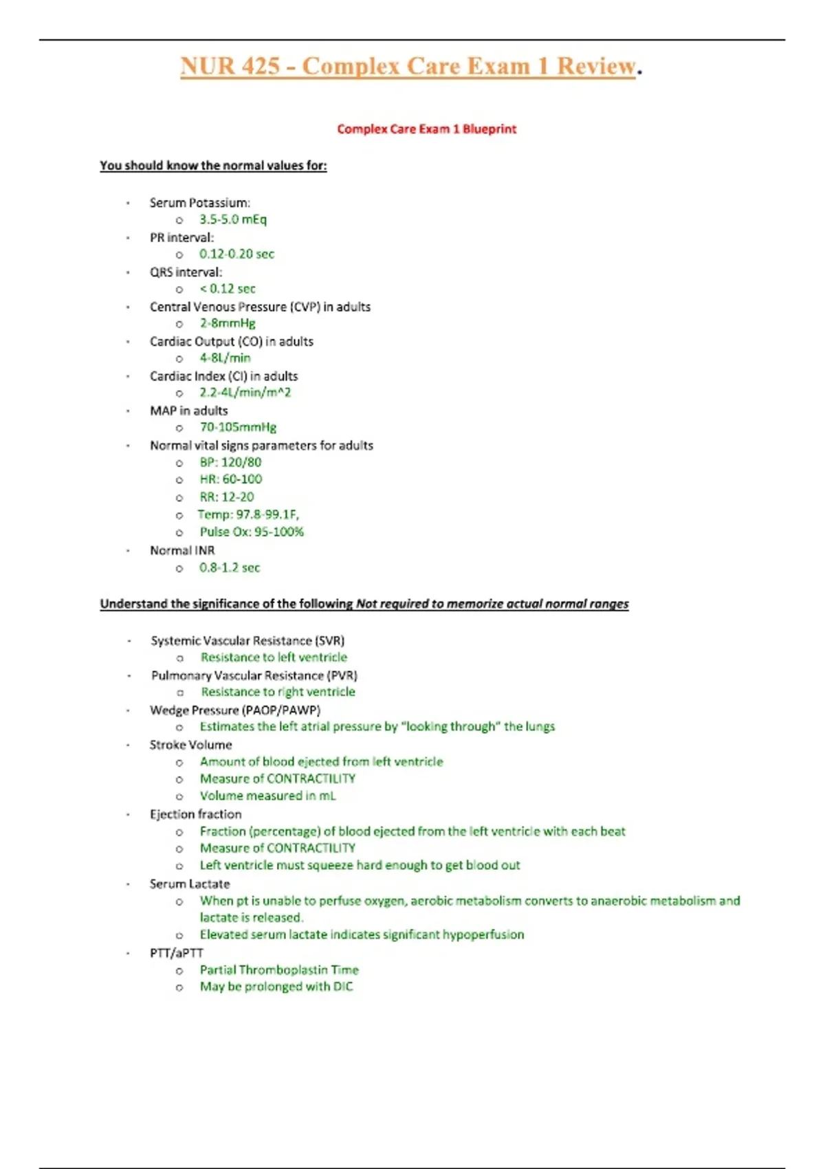 NUR 425 Exam 1 Review 2026/2027 – Complex Care Nursing | Complete ...