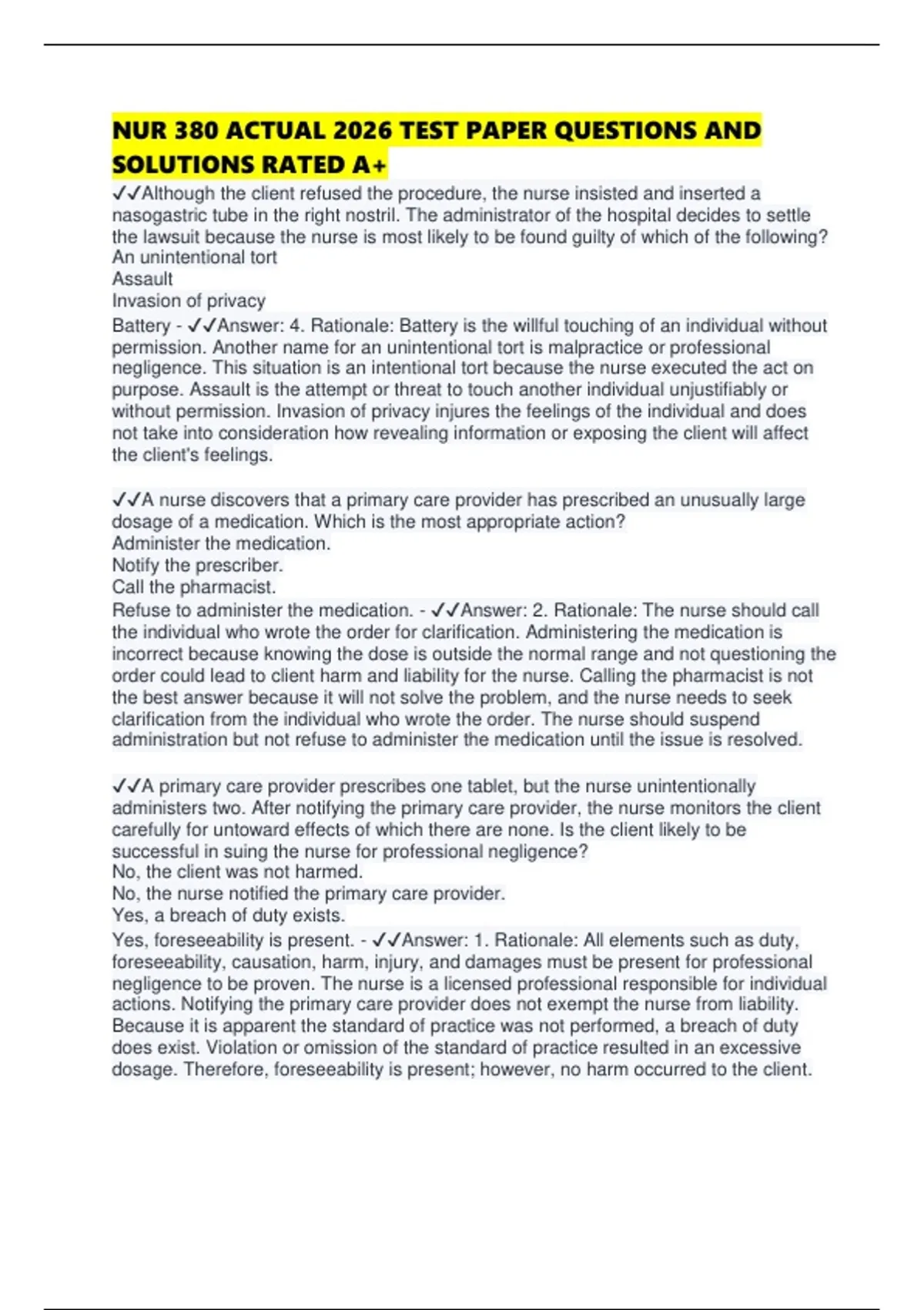 NUR 380 ACTUAL 2026 TEST PAPER QUESTIONS AND SOLUTIONS RATED A+ - NUR ...