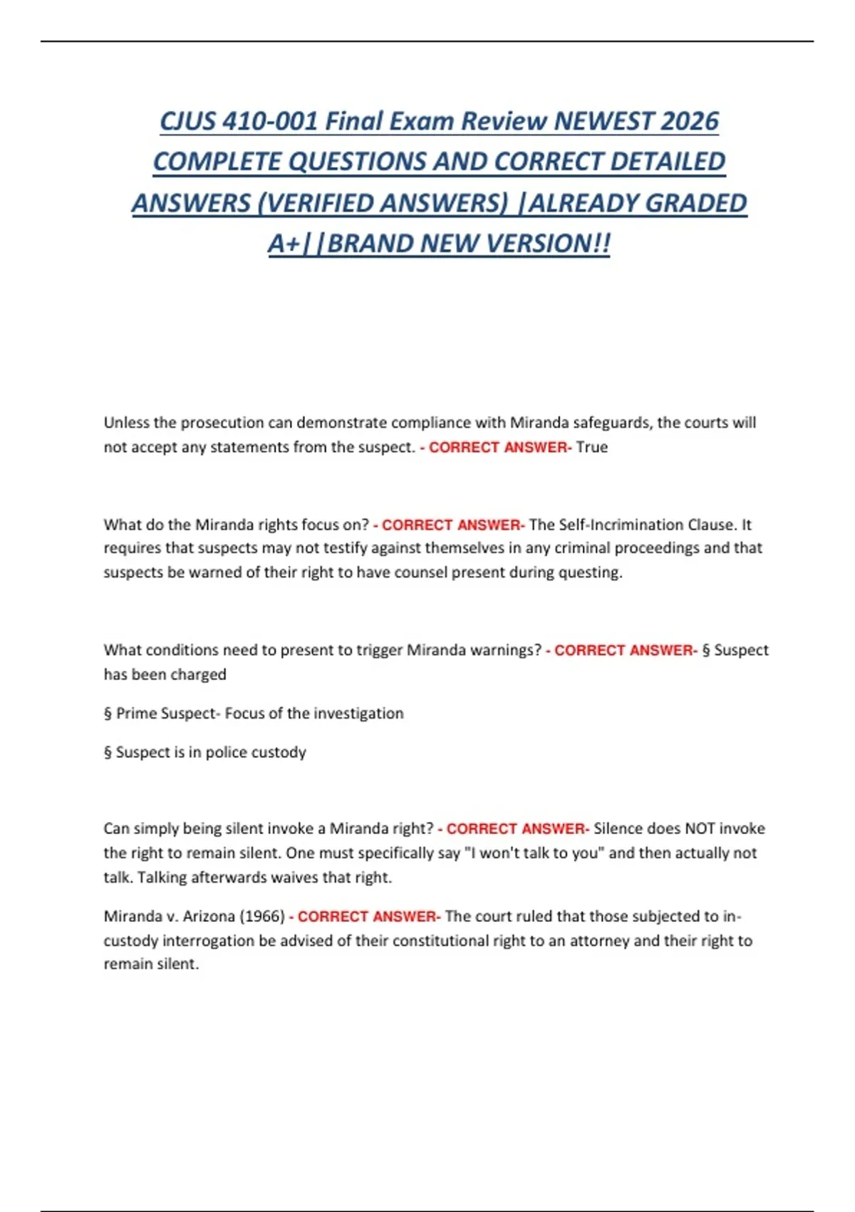 CJUS 410-001 Final Exam 2026 | Criminal Justice Study Guide & Practice ...