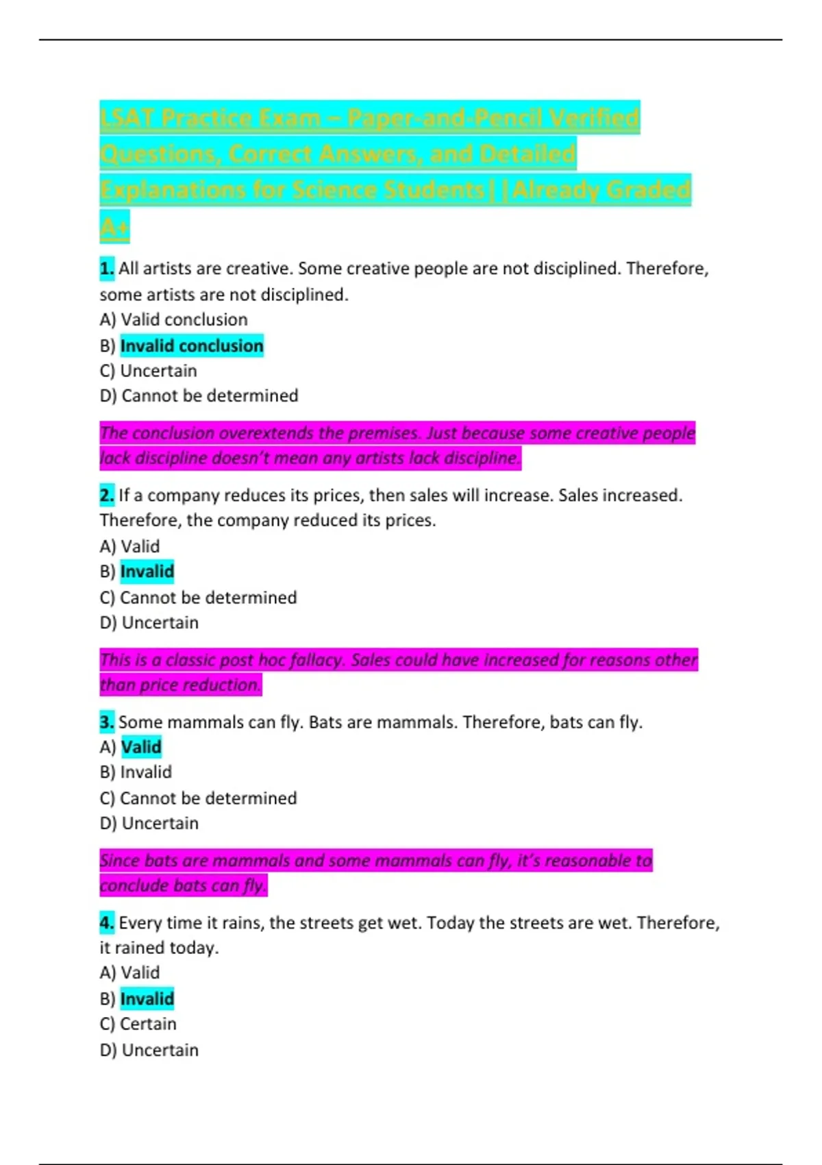 LSAT Practice Exam – Paper-and-Pencil Verified Questions, Correct ...