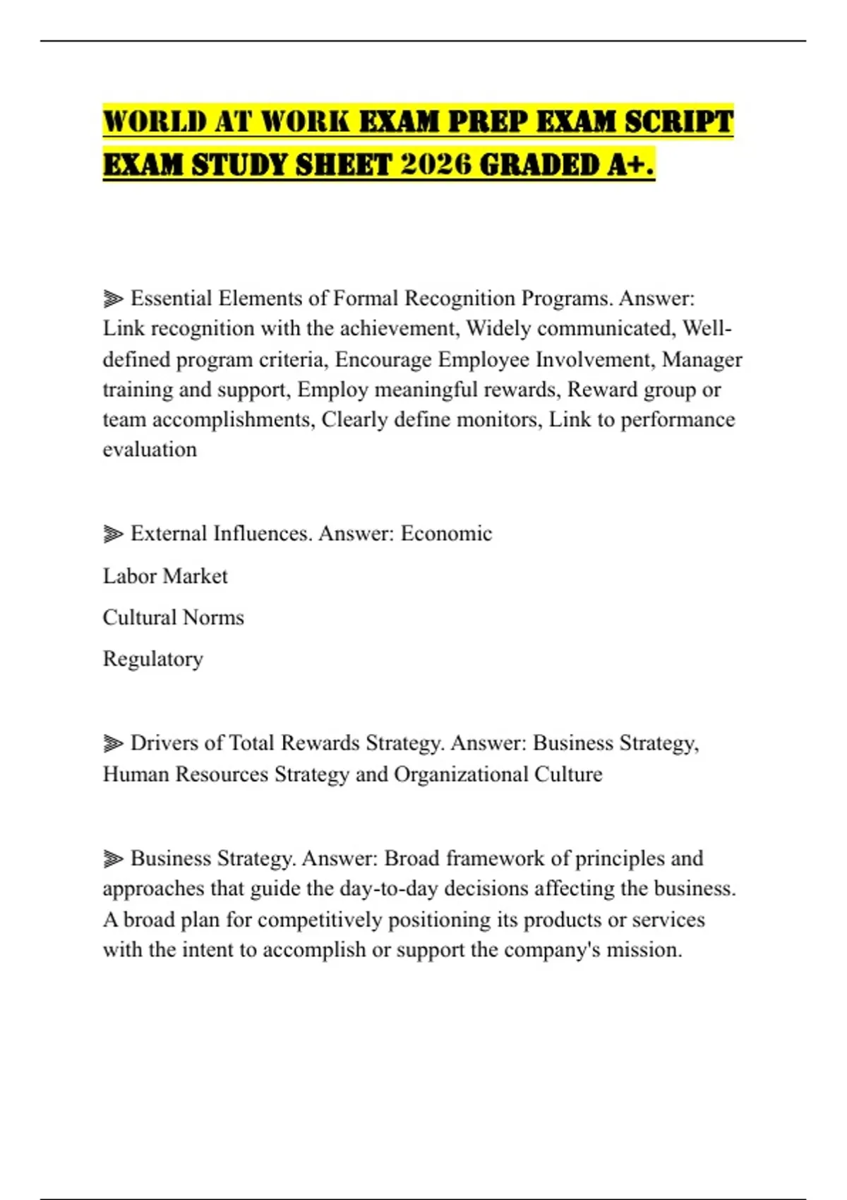 WORLD AT WORK EXAM PREP EXAM SCRIPT EXAM STUDY SHEET 2026 GRADED A+ ...