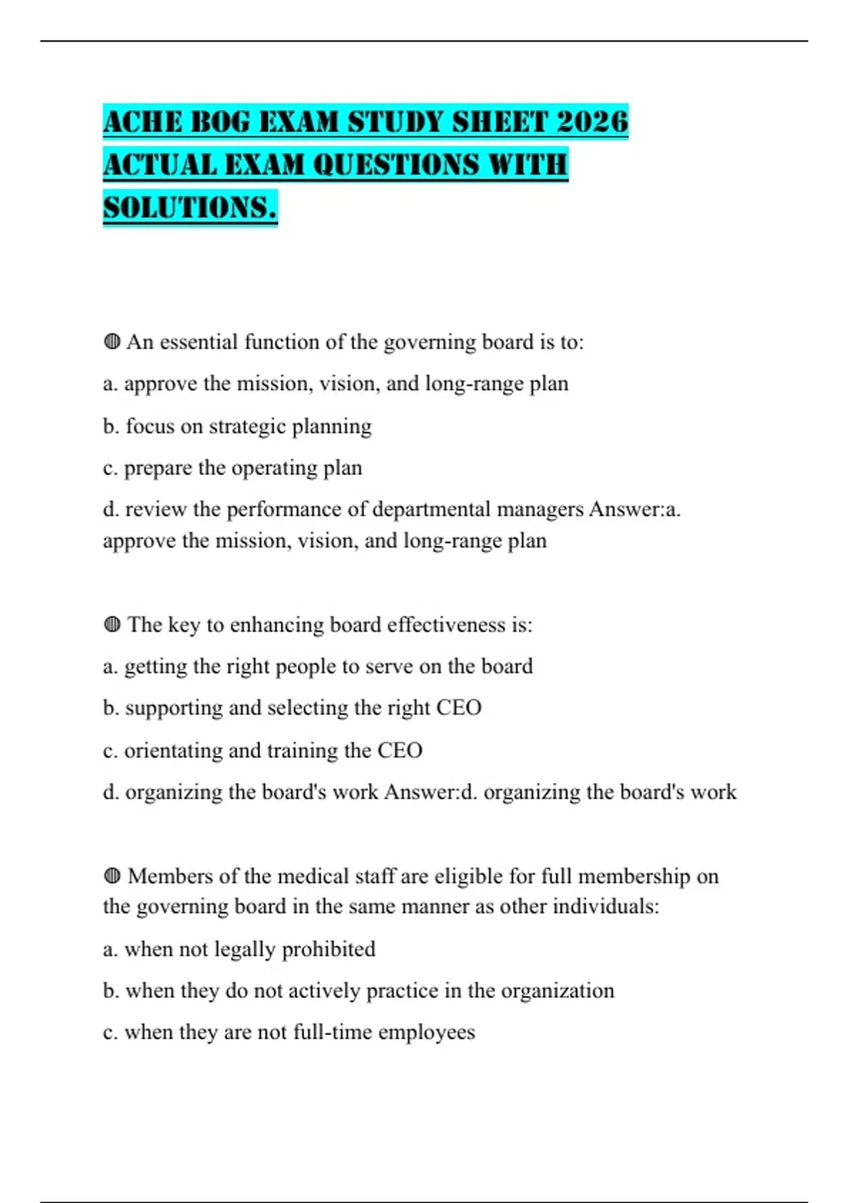 ACHE BOG EXAM STUDY SHEET 2026 ACTUAL EXAM QUESTIONS WITH SOLUTIONS ...
