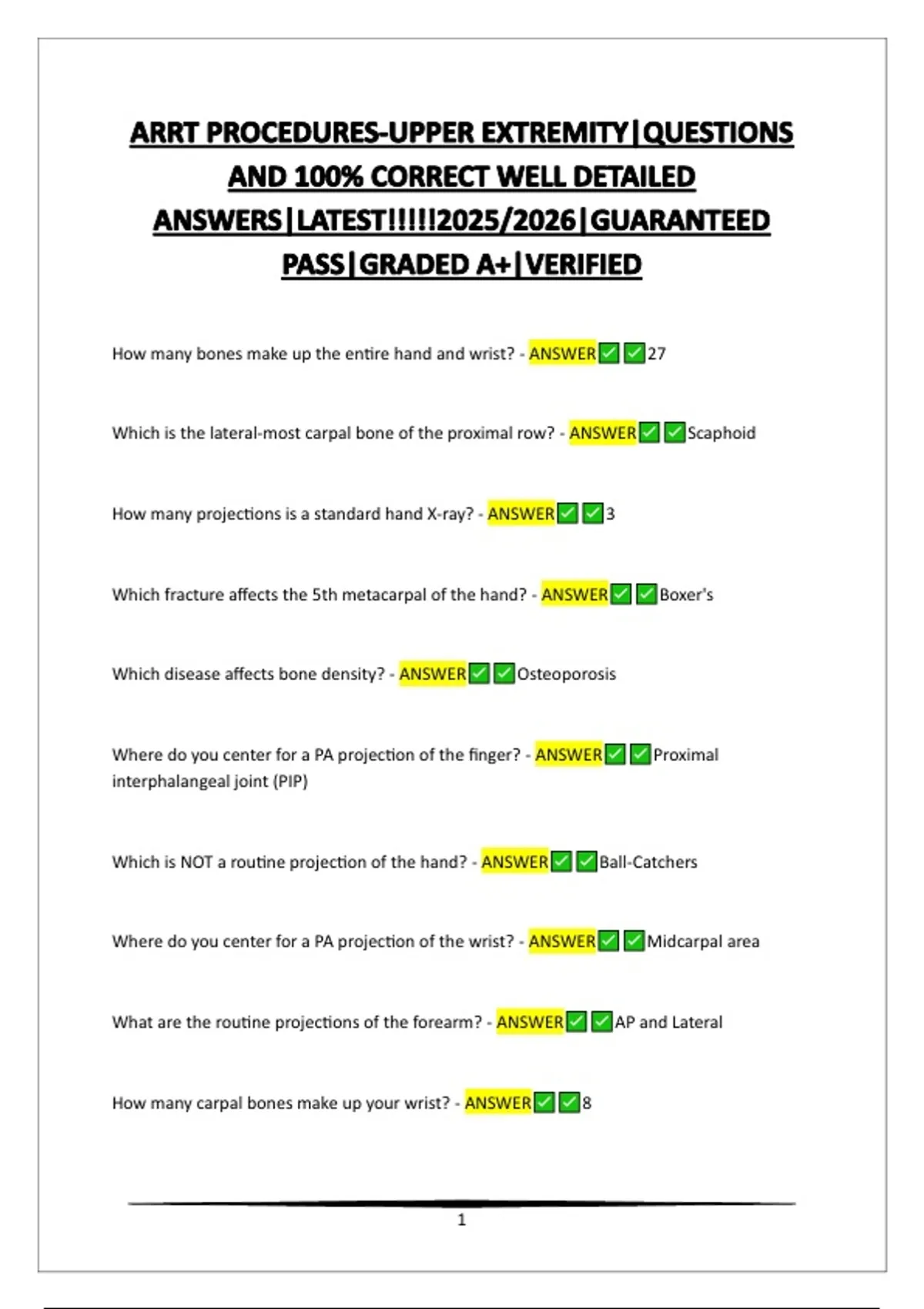 ARRT PROCEDURES-UPPER EXTREMITY|QUESTIONS AND 100% CORRECT WELL ...